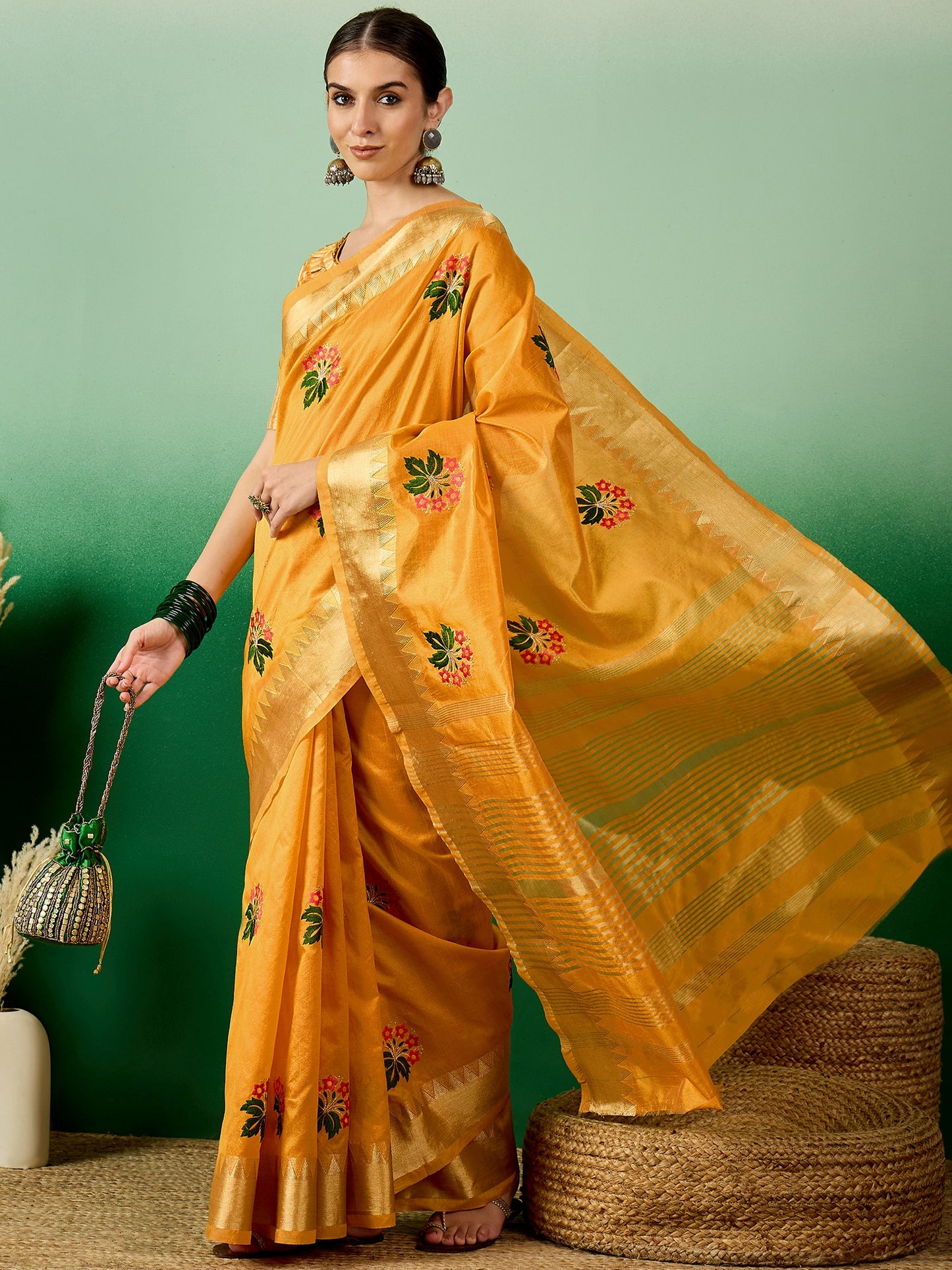 Dhiyona RV Women's Assam Cotton Silk Saree with Multi Thread Embroidery & Zari Temple Border With Blouse ( KVD2135 )