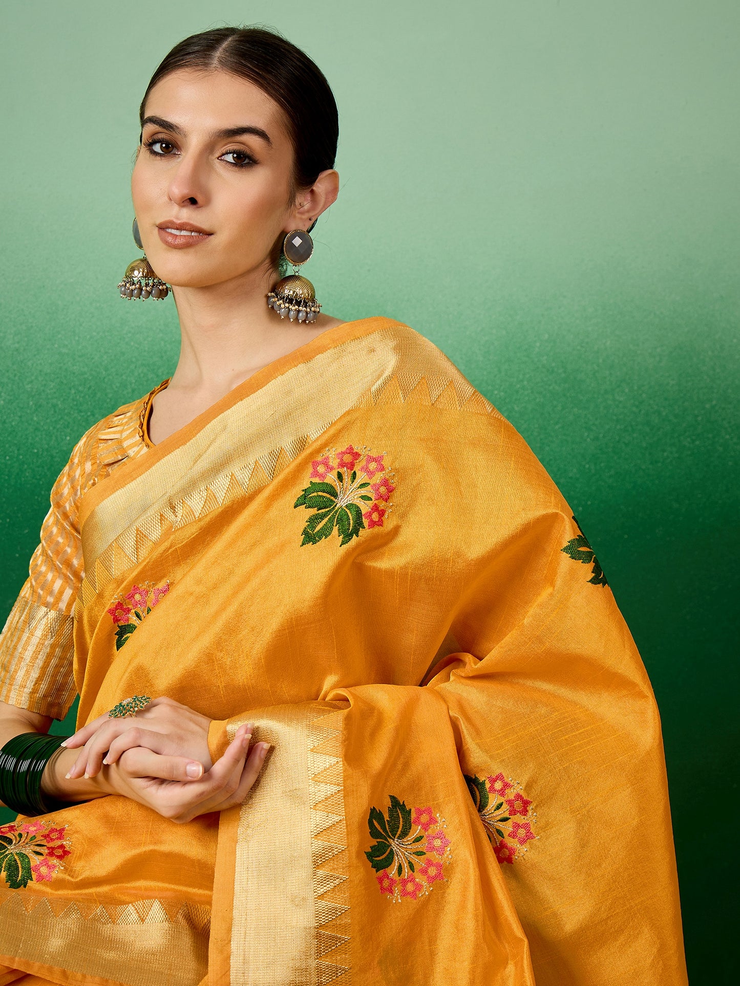 Dhiyona RV Women's Assam Cotton Silk Saree with Multi Thread Embroidery & Zari Temple Border With Blouse ( KVD2135 )