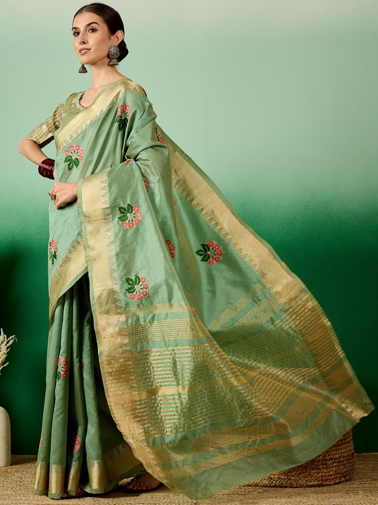 Dhiyona RV Women's Assam Cotton Silk Saree with Multi Thread Embroidery & Zari Temple Border With Blouse ( KVD2136 )