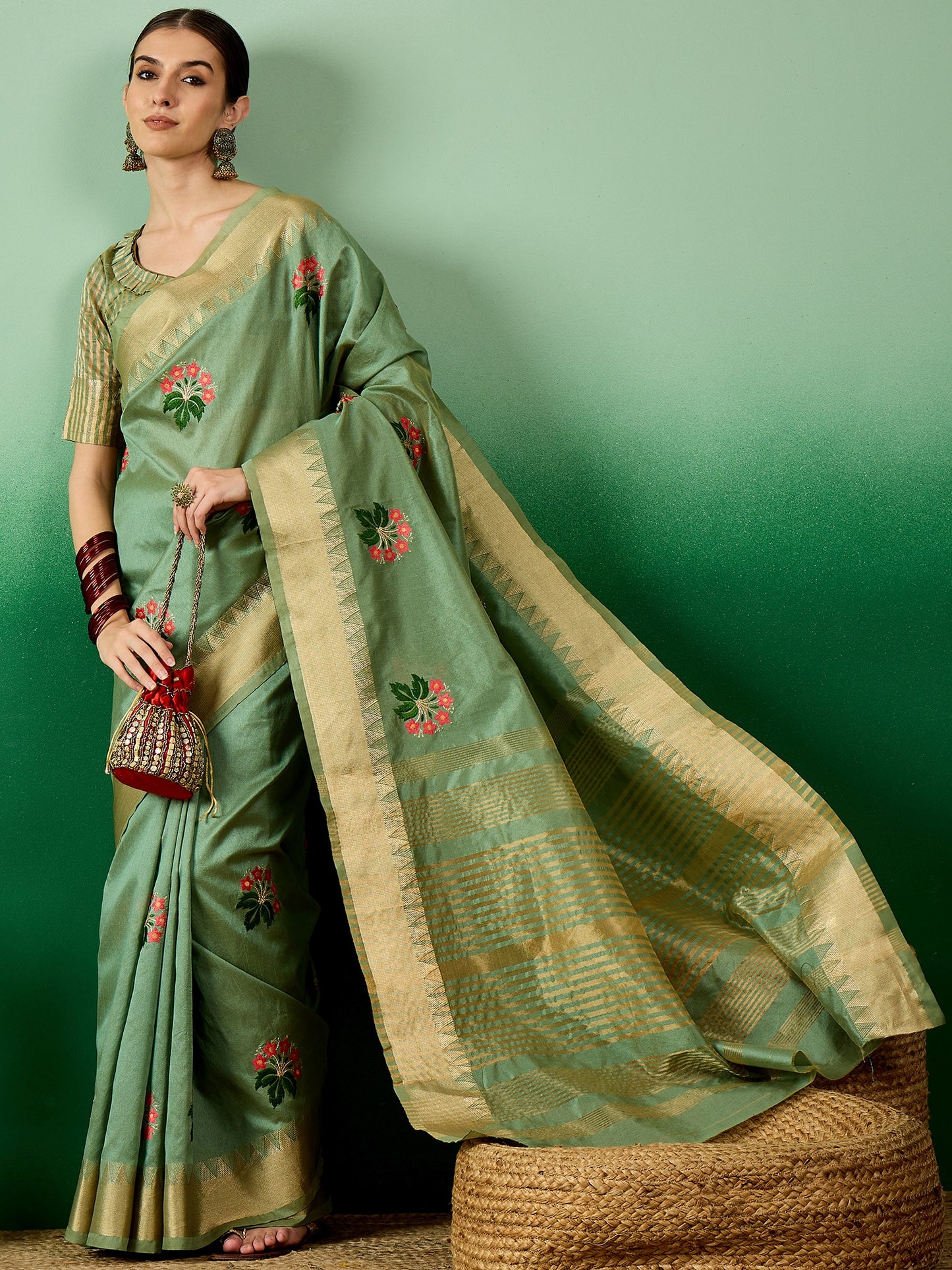 Dhiyona RV Women's Assam Cotton Silk Saree with Multi Thread Embroidery & Zari Temple Border With Blouse ( KVD2136 )