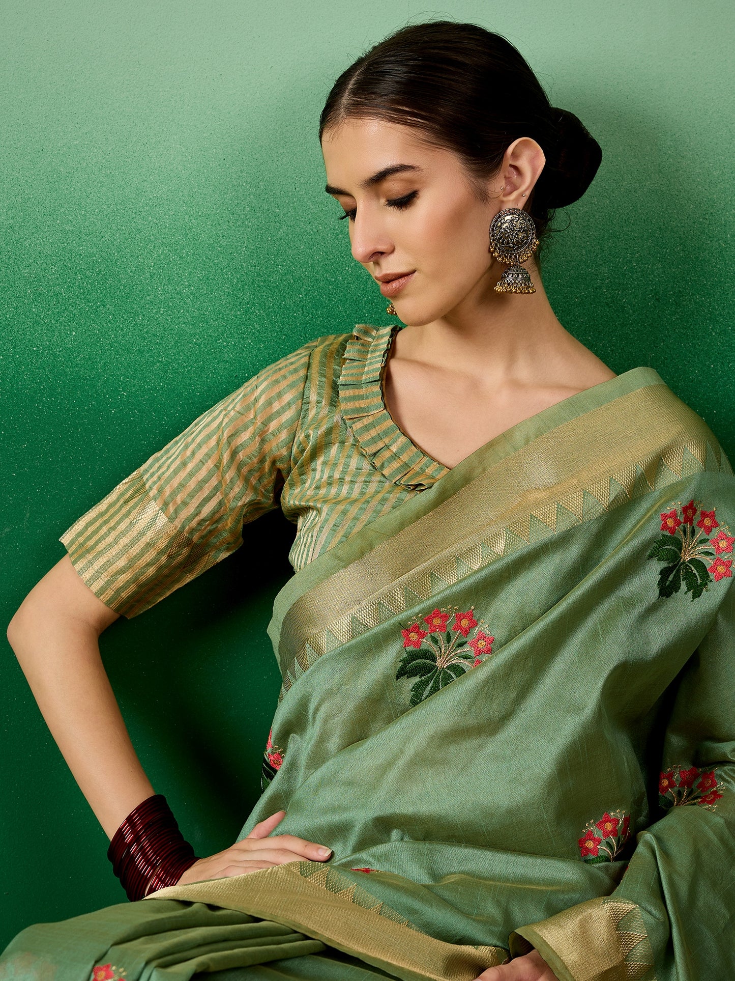 Dhiyona RV Women's Assam Cotton Silk Saree with Multi Thread Embroidery & Zari Temple Border With Blouse ( KVD2136 )