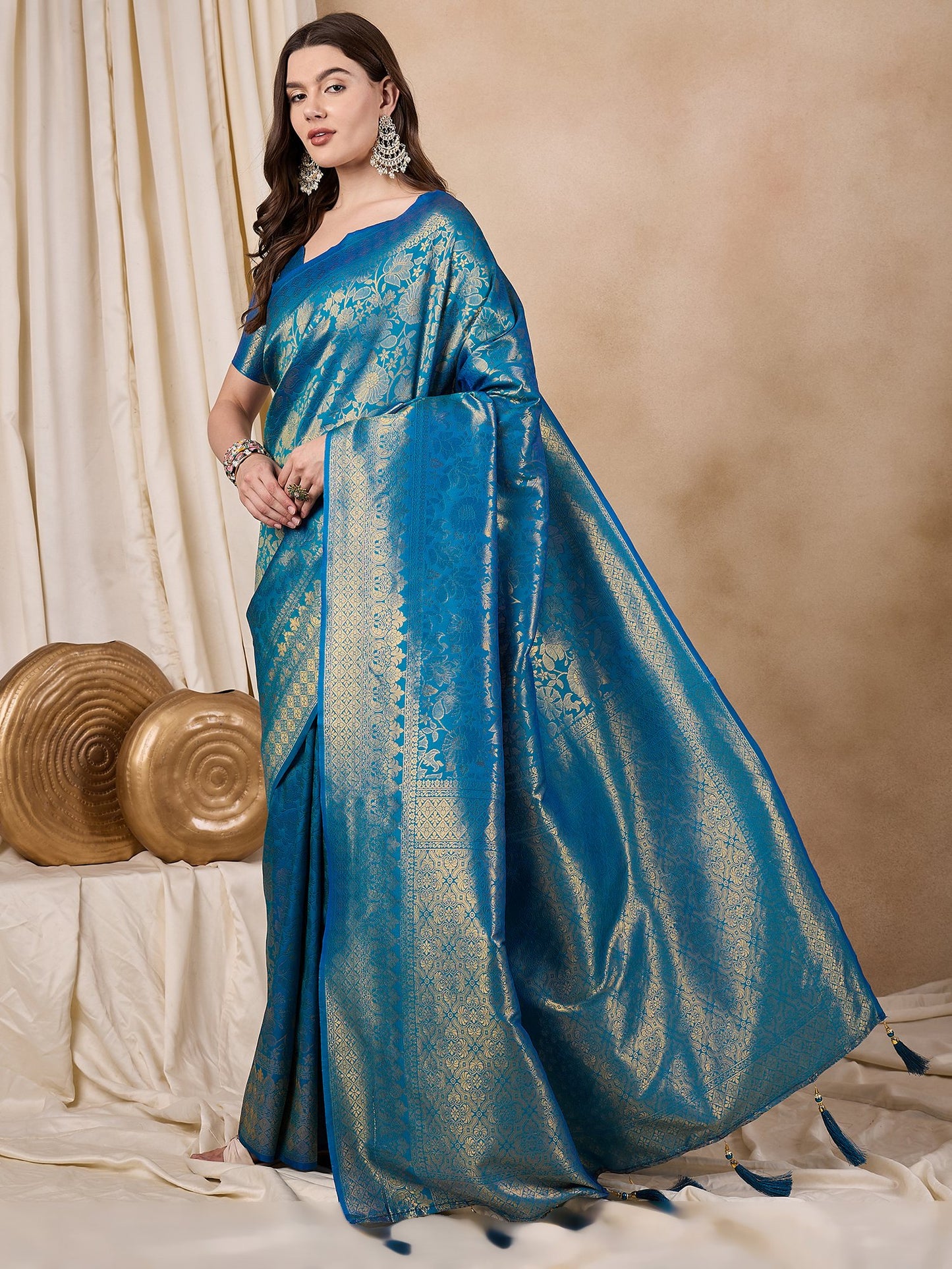 Dhiyona RV Women's Traditional Kanjivaram Silk Saree with Golden Zari Woven Border With Blouse ( KVD2141 )