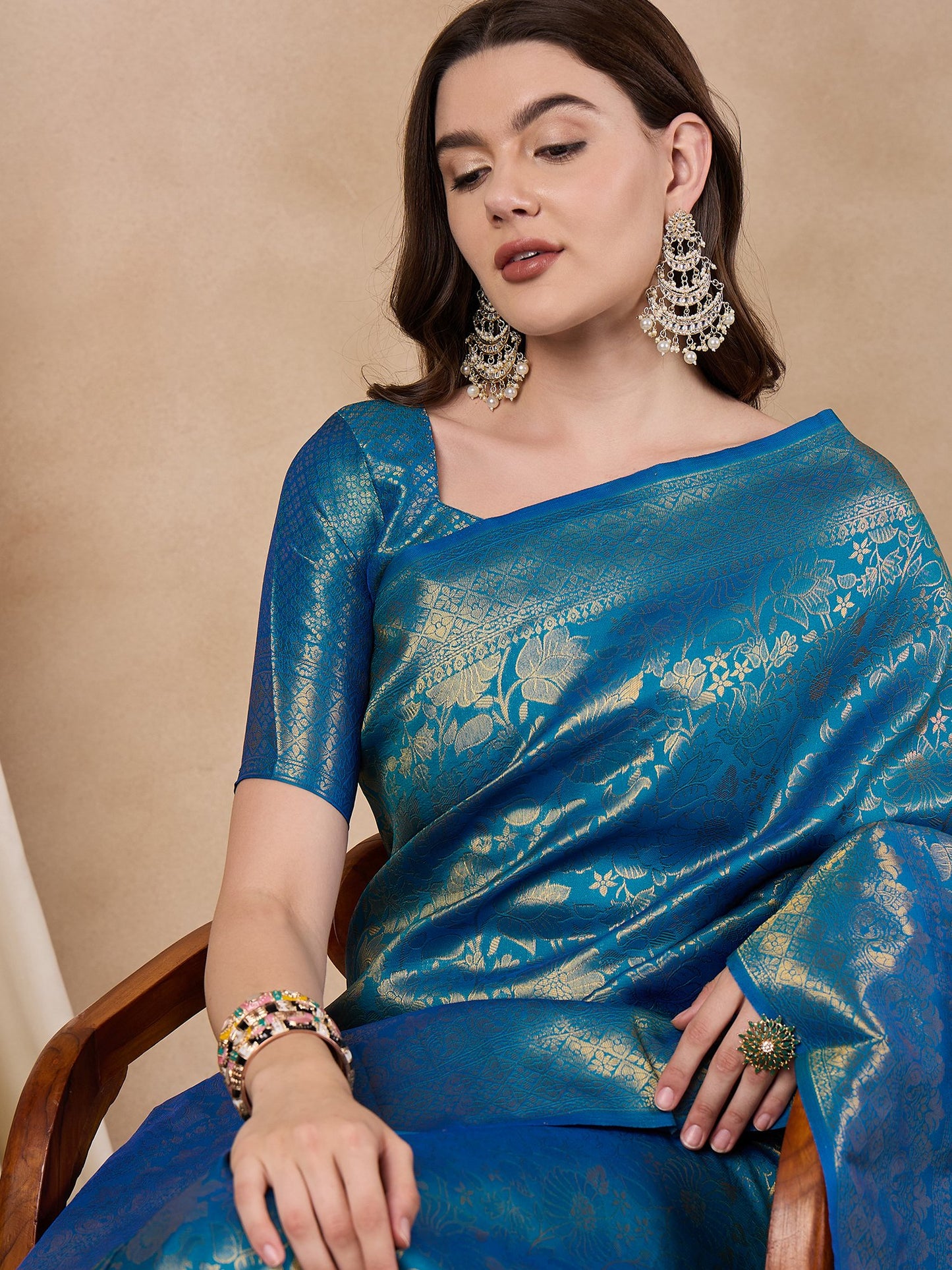 Dhiyona RV Women's Traditional Kanjivaram Silk Saree with Golden Zari Woven Border With Blouse ( KVD2141 )