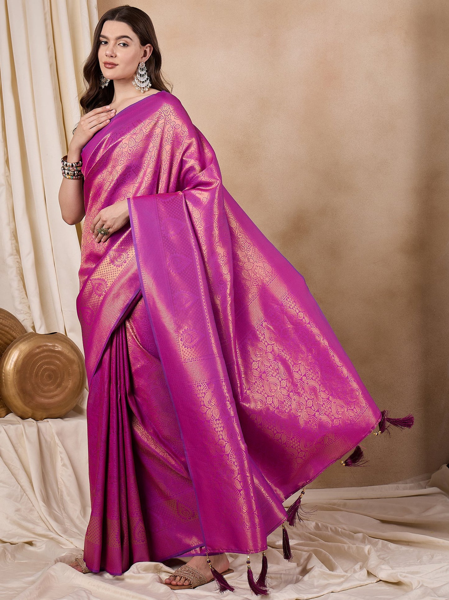 Dhiyona RV Women's Traditional Kanjivaram Silk Saree with Golden Zari Woven Border With Blouse ( KVD2142 )