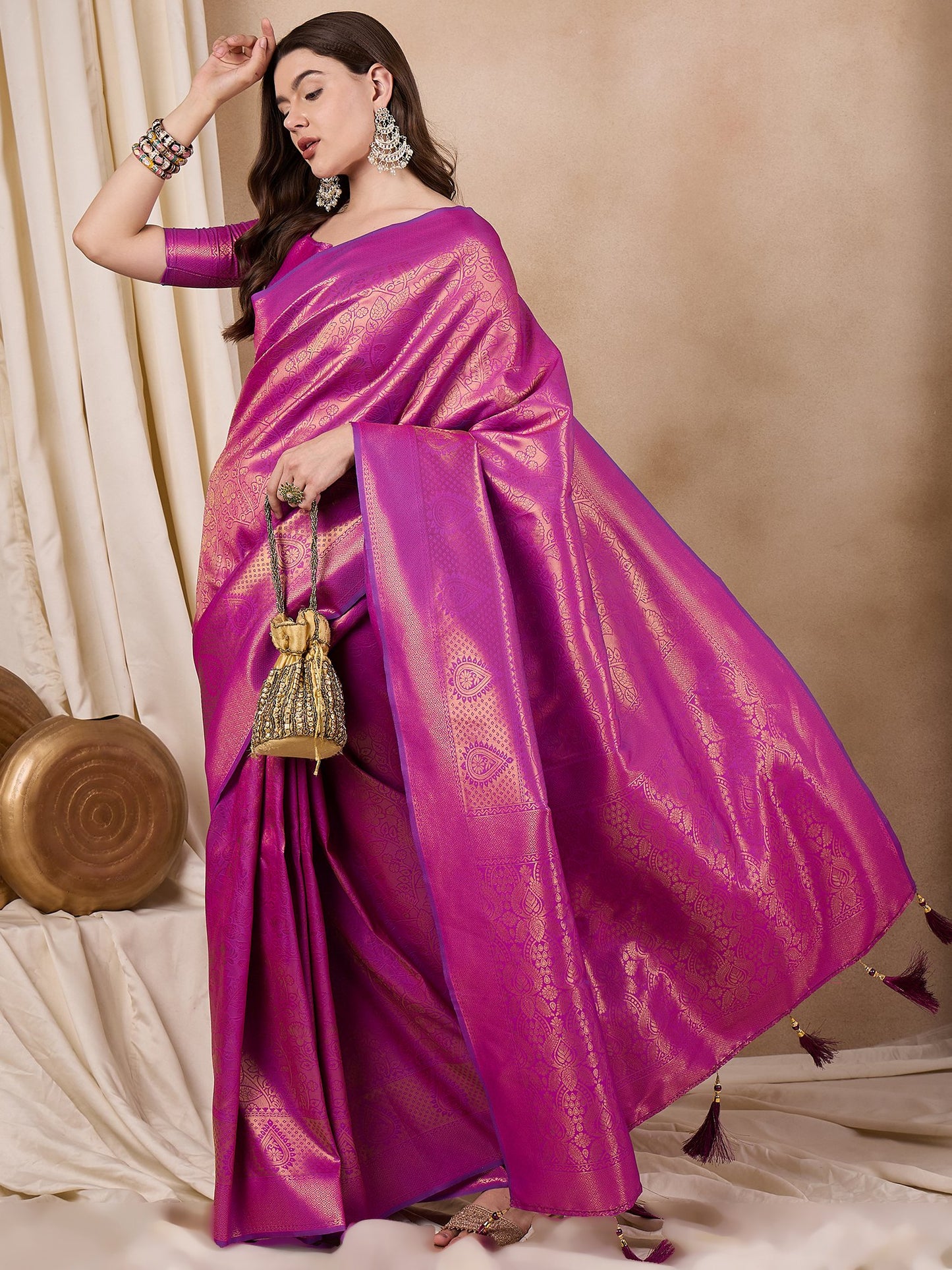 Dhiyona RV Women's Traditional Kanjivaram Silk Saree with Golden Zari Woven Border With Blouse ( KVD2142 )