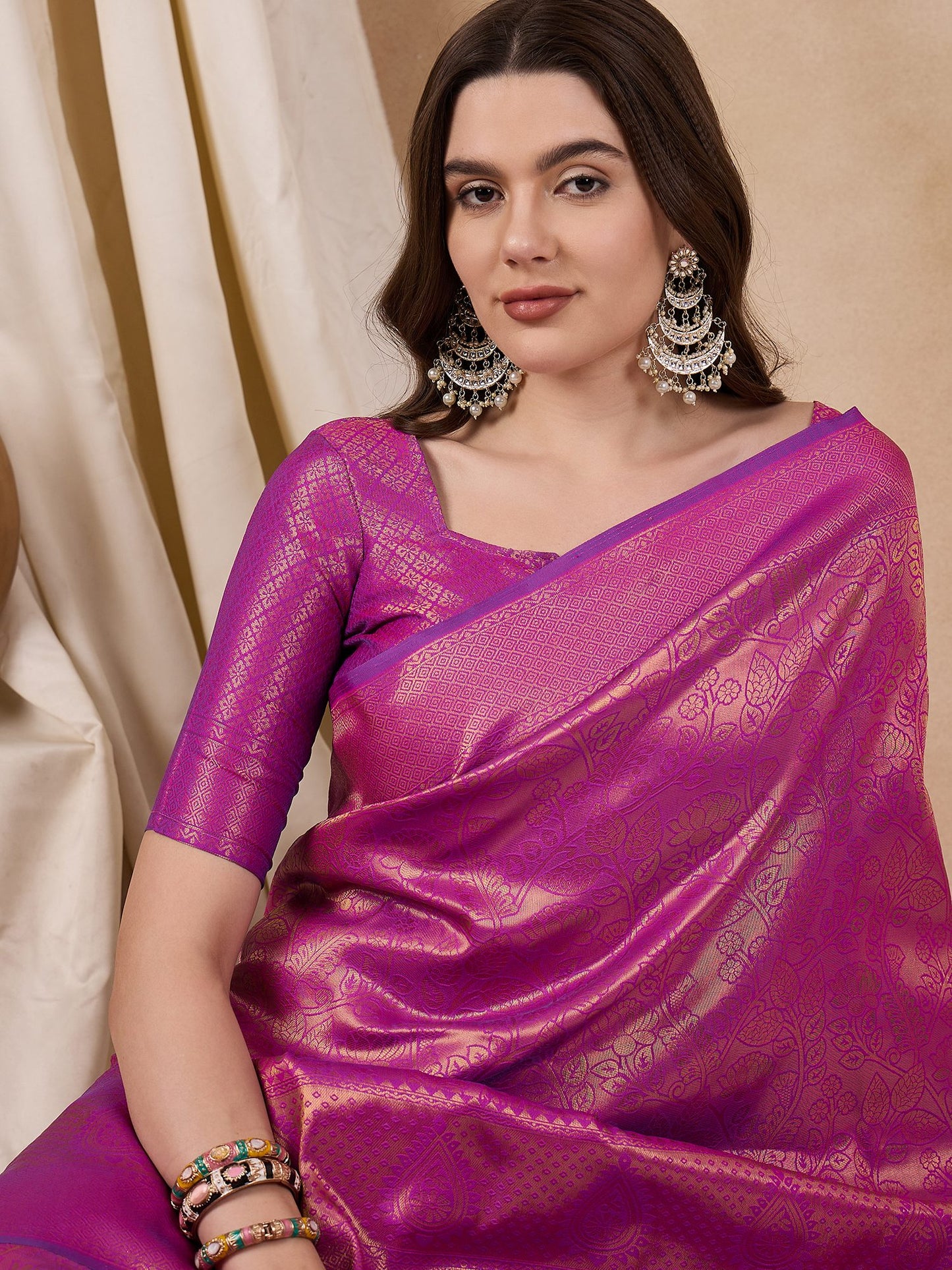 Dhiyona RV Women's Traditional Kanjivaram Silk Saree with Golden Zari Woven Border With Blouse ( KVD2142 )