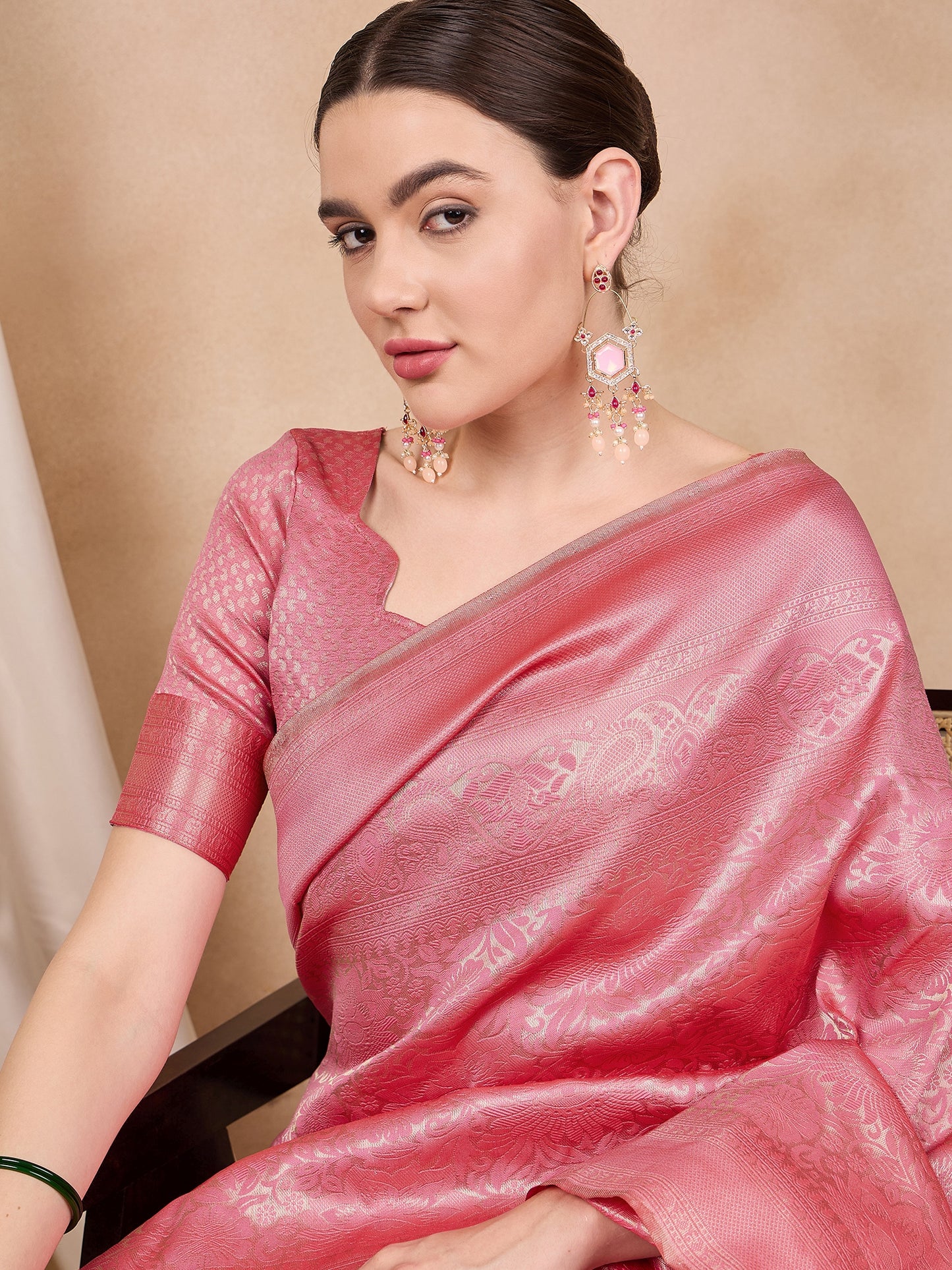 Dhiyona RV Women's Traditional Kanjivaram Silk Saree with Golden Zari Woven Border With Blouse ( KVD2143 )