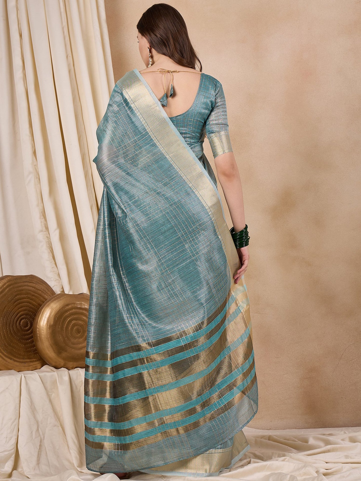 Dhiyona RV Women's Elegant Organza Golden Zari Woven Saree with Matching Blouse ( KVD2146 )