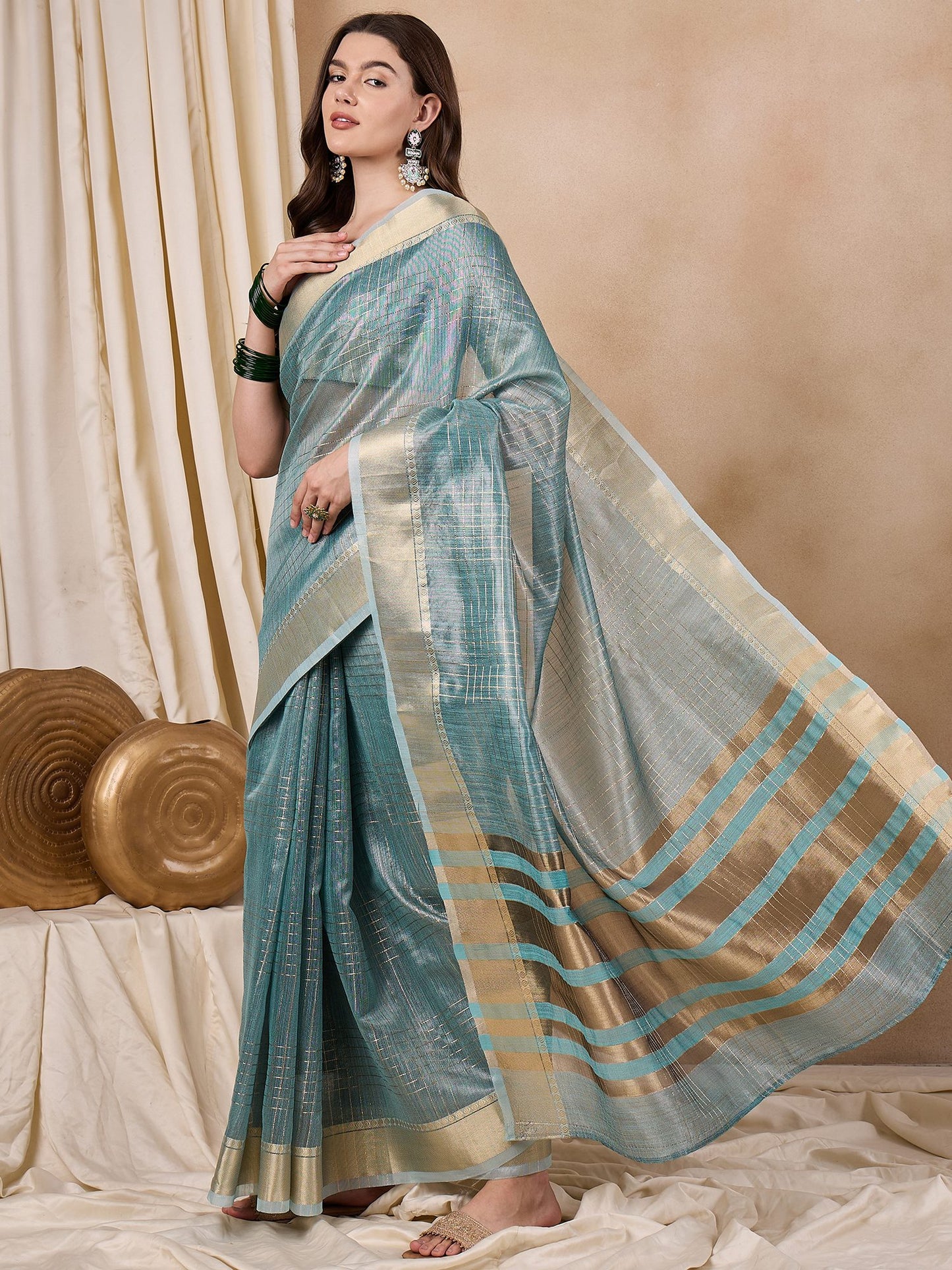 Dhiyona RV Women's Elegant Organza Golden Zari Woven Saree with Matching Blouse ( KVD2146 )