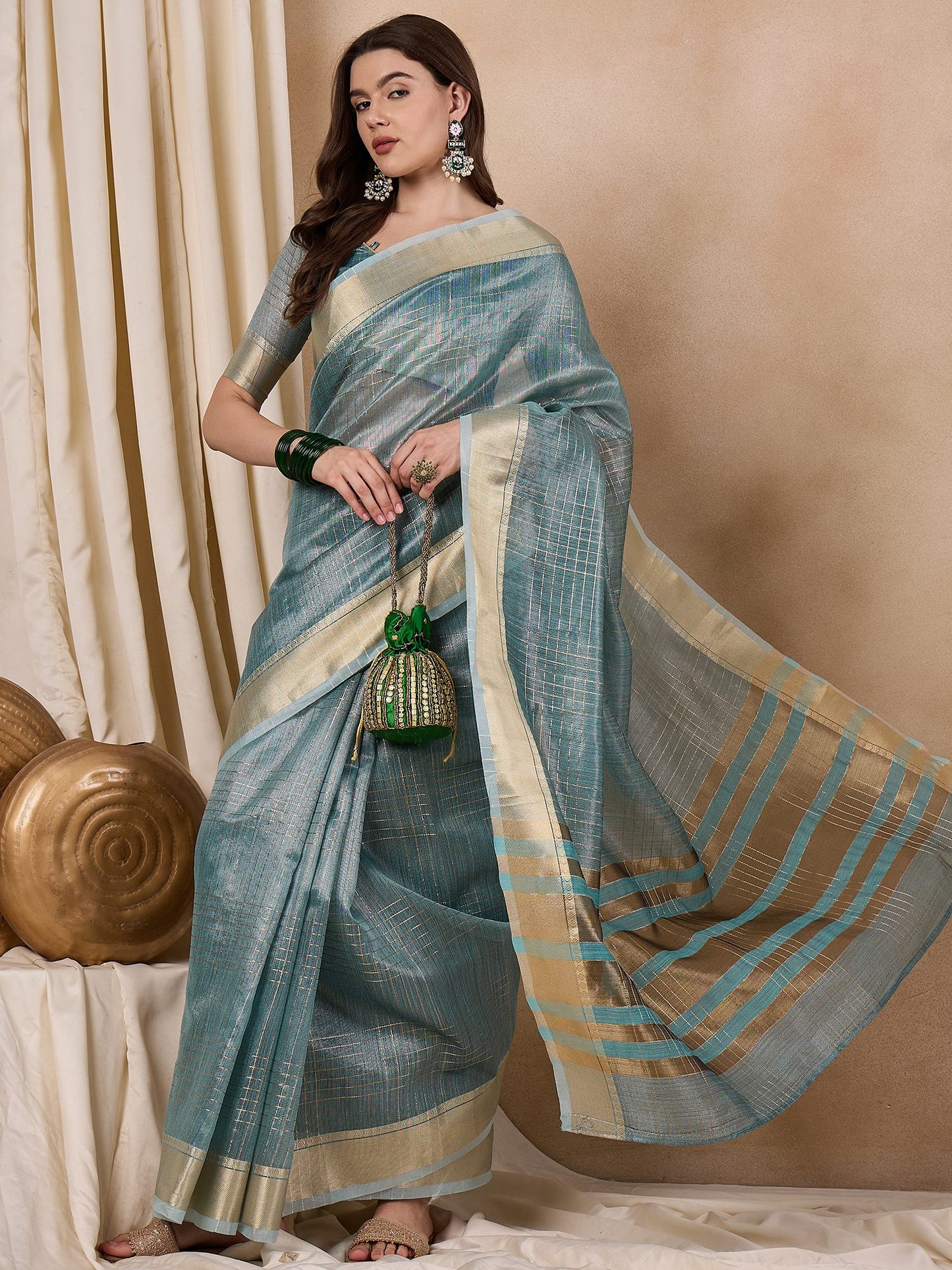 Dhiyona RV Women's Elegant Organza Golden Zari Woven Saree with Matching Blouse ( KVD2146 )