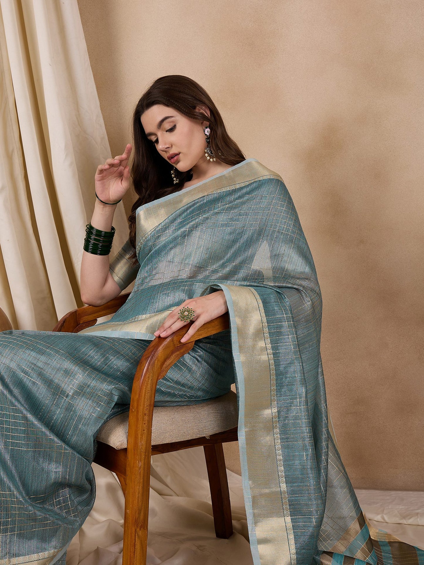Dhiyona RV Women's Elegant Organza Golden Zari Woven Saree with Matching Blouse ( KVD2146 )