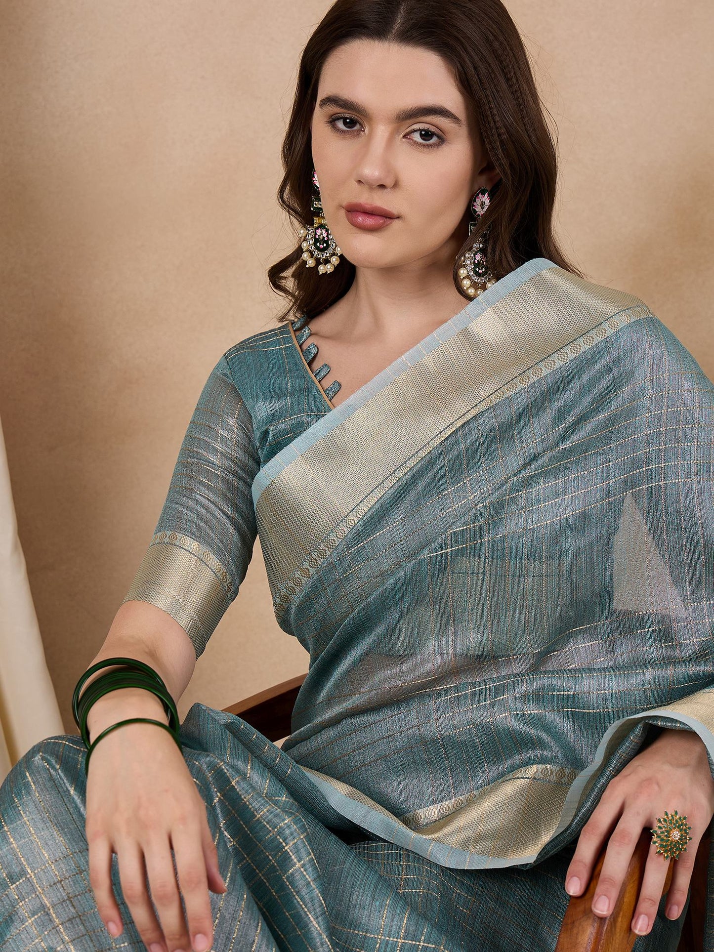 Dhiyona RV Women's Elegant Organza Golden Zari Woven Saree with Matching Blouse ( KVD2146 )
