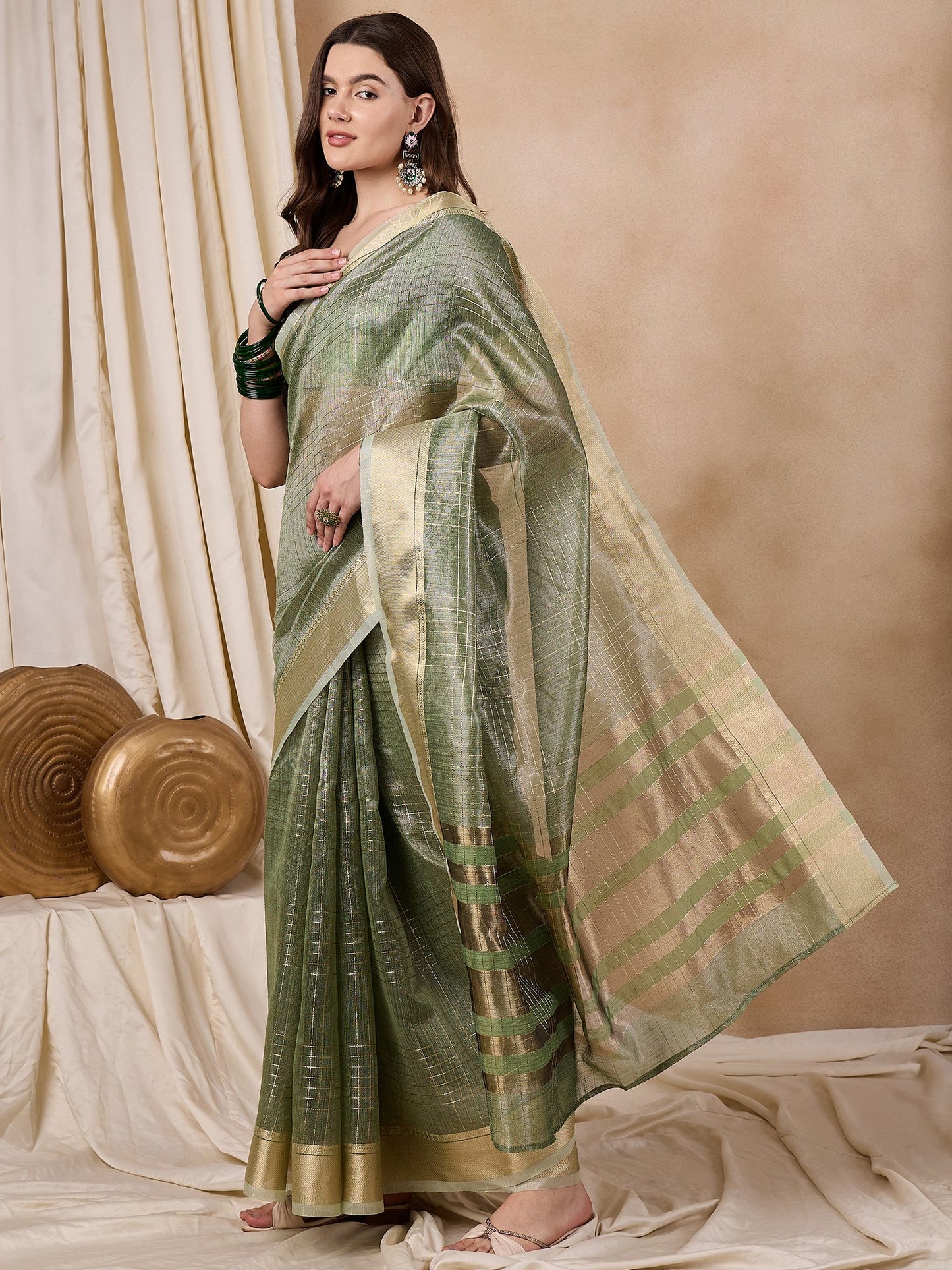 Dhiyona RV Women's Elegant Organza Golden Zari Woven Saree with Matching Blouse ( KVD2147 )