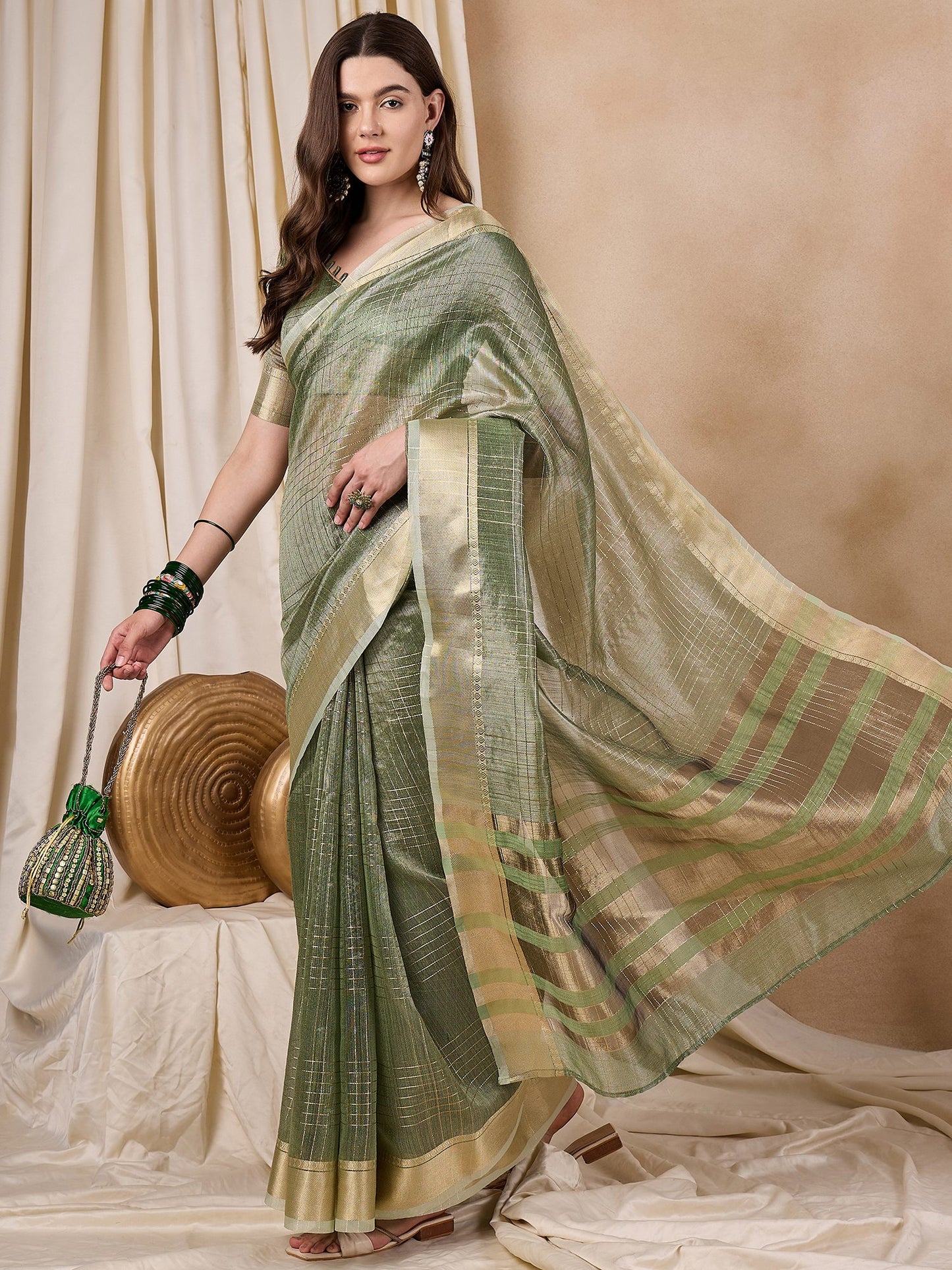 Dhiyona RV Women's Elegant Organza Golden Zari Woven Saree with Matching Blouse ( KVD2147 )