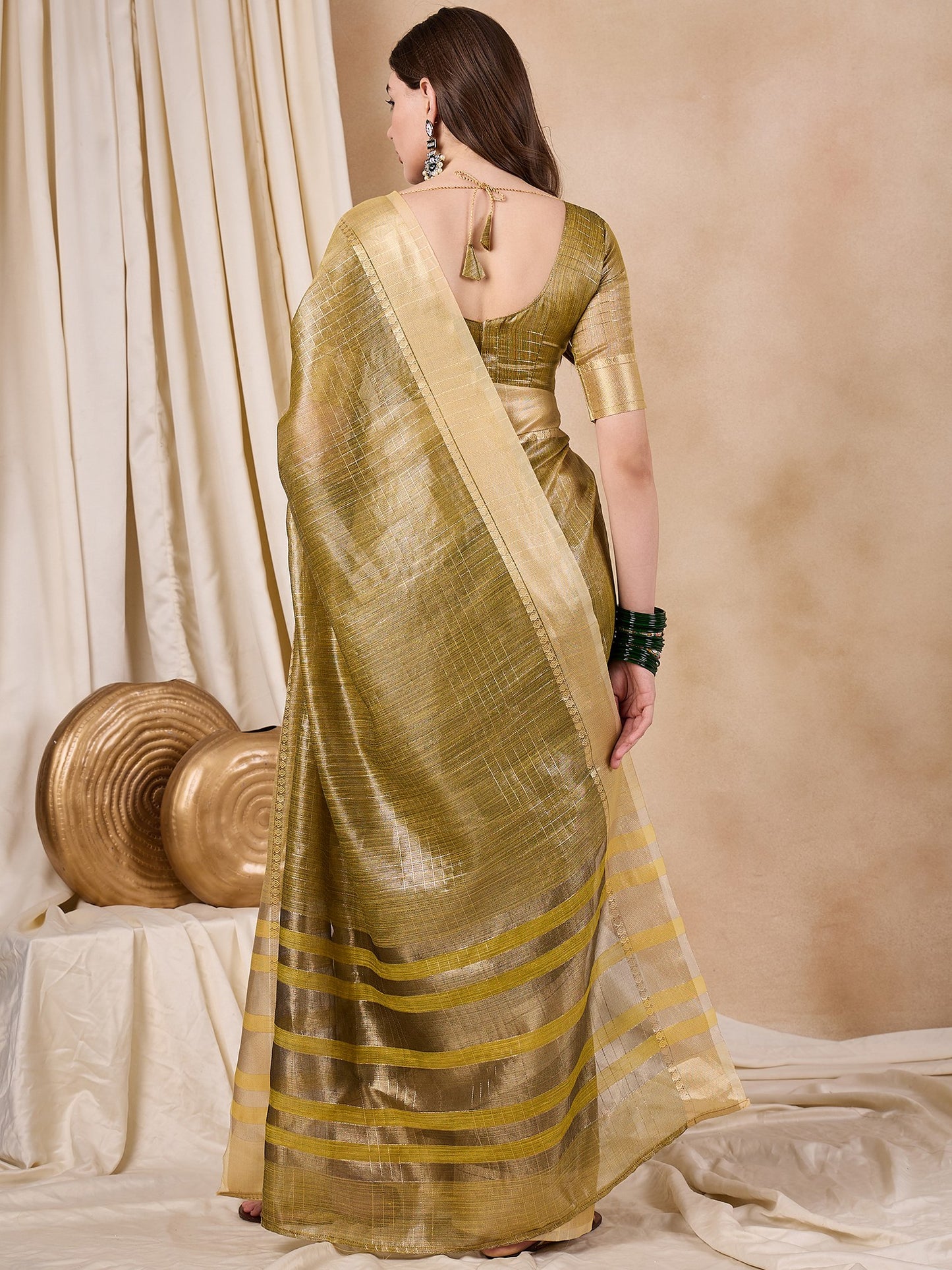 Dhiyona RV Women's Elegant Organza Golden Zari Woven Saree with Matching Blouse ( KVD2148 )