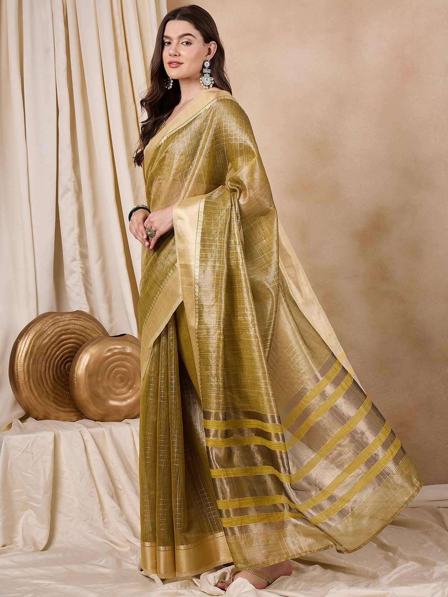 Dhiyona RV Women's Elegant Organza Golden Zari Woven Saree with Matching Blouse ( KVD2148 )