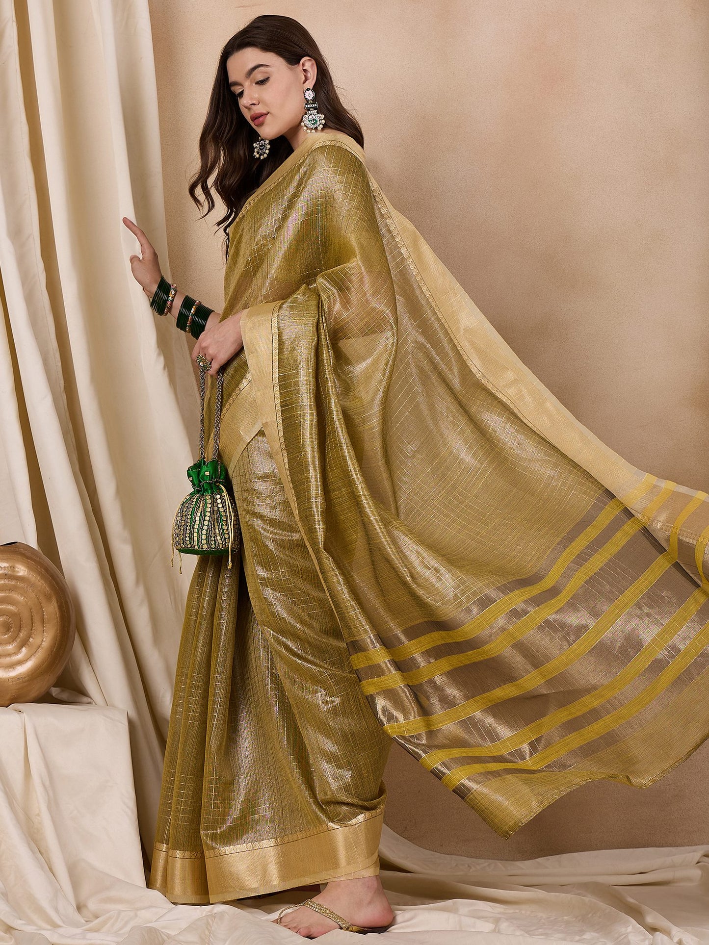 Dhiyona RV Women's Elegant Organza Golden Zari Woven Saree with Matching Blouse ( KVD2148 )