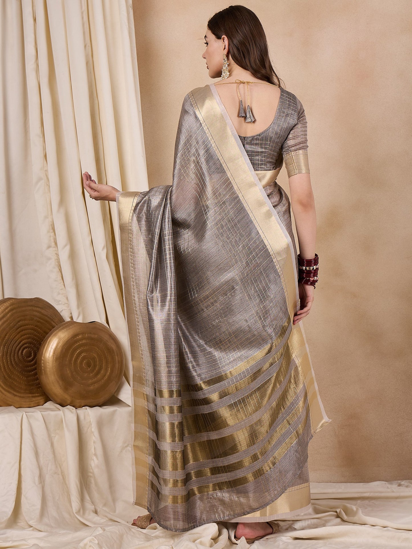 Dhiyona RV Women's Elegant Organza Golden Zari Woven Saree with Matching Blouse ( KVD2149 )
