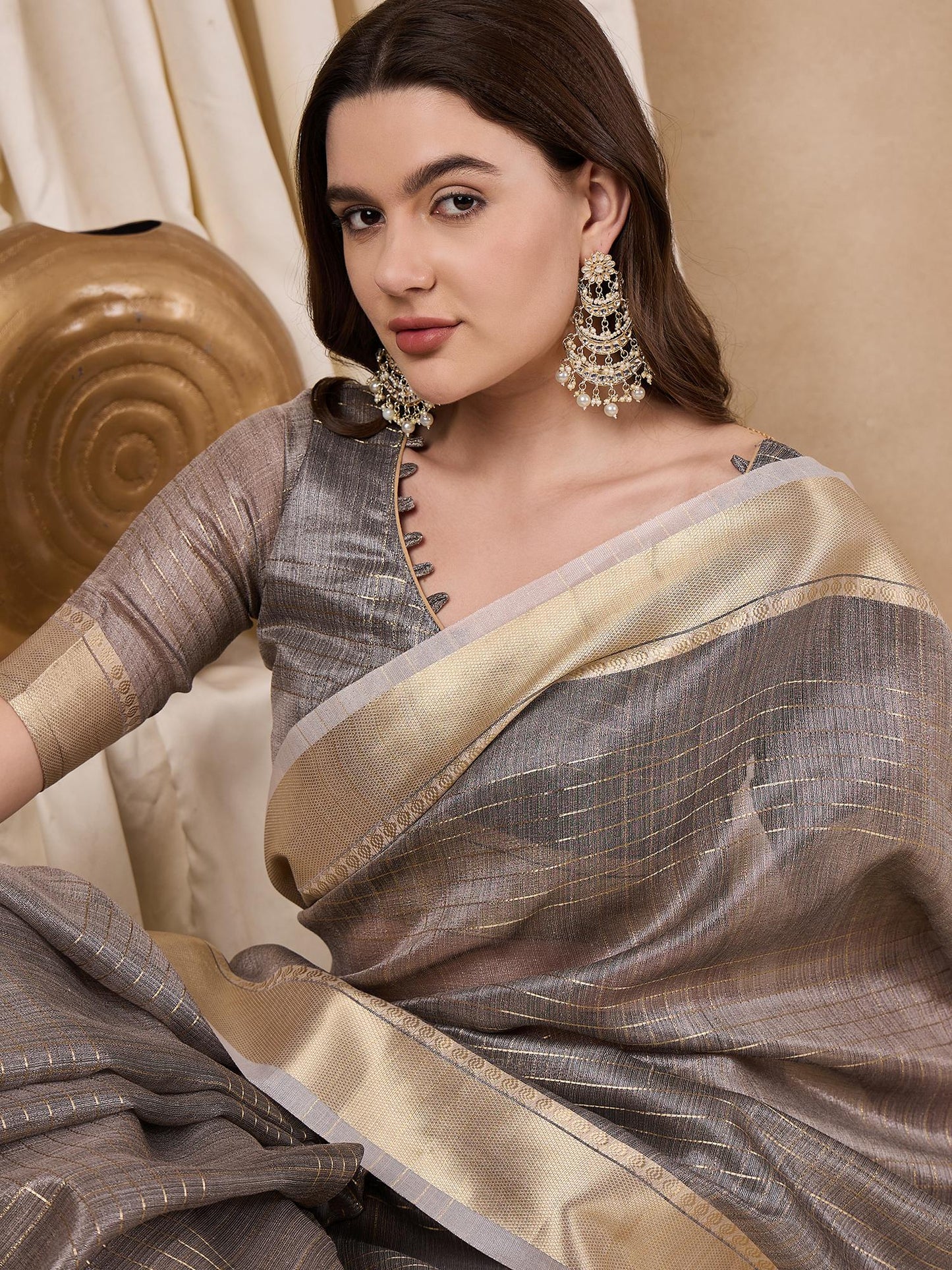 Dhiyona RV Women's Elegant Organza Golden Zari Woven Saree with Matching Blouse ( KVD2149 )