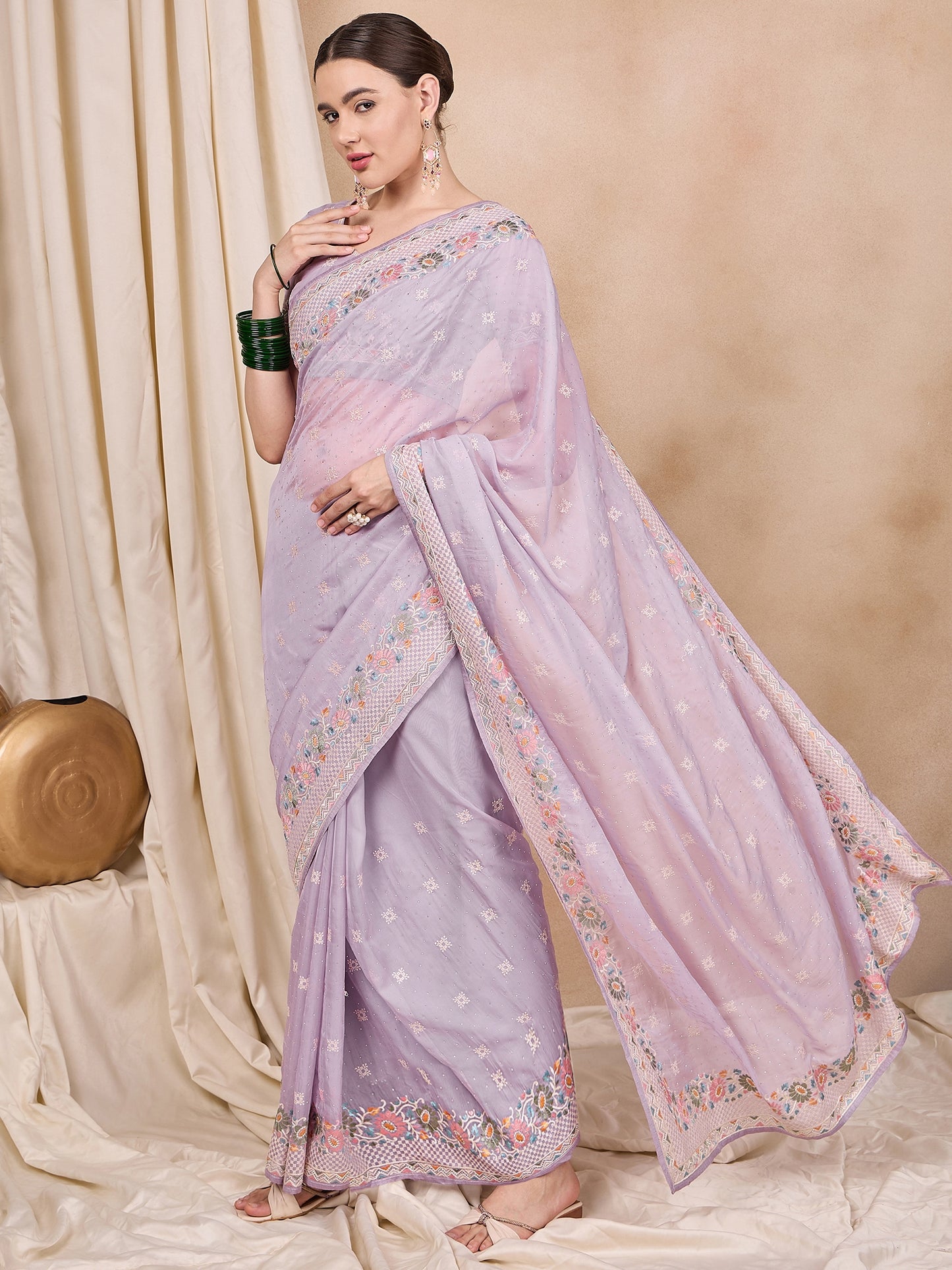 Dhiyona RV Women's Silk Organza Fabric With Multi Thread Embroidery Border Saree ( KVD2152 )