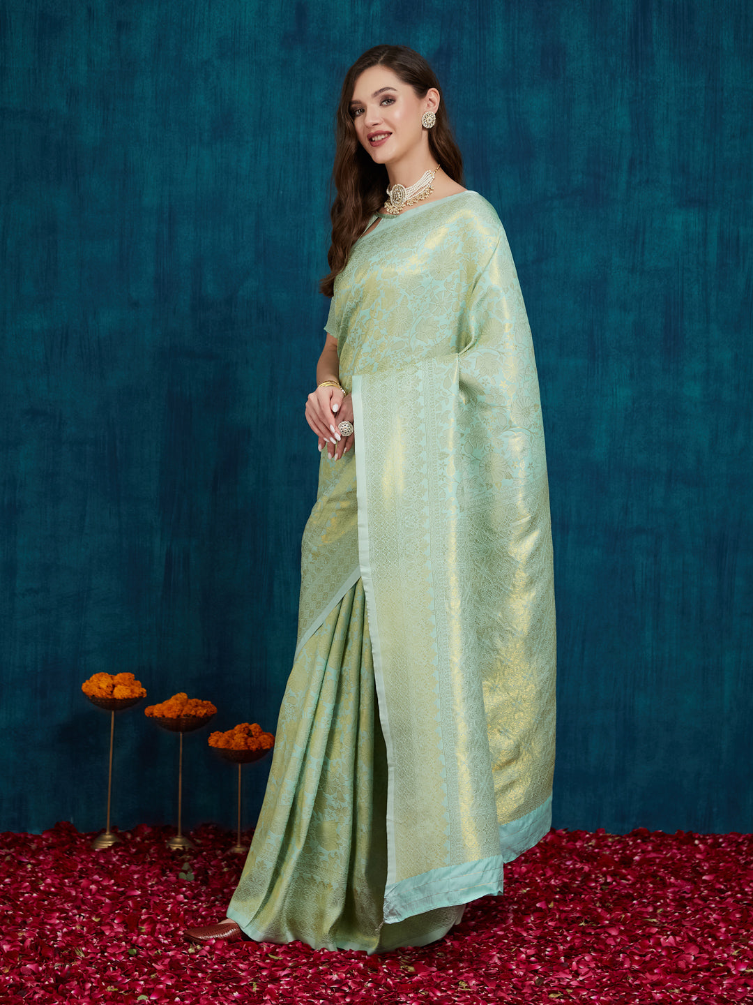 Dhiyona RV Women's Traditional Kanjivaram Silk Saree with Golden Zari Woven Border With Blouse ( KVD2162 )