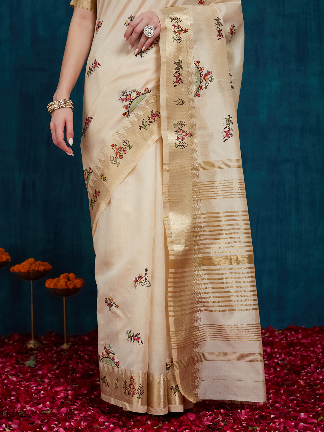 Dhiyona RV Women's Assam Cotton Silk With Golden Border And Multicolor Thread Embroidered Saree ( KVD2164 )