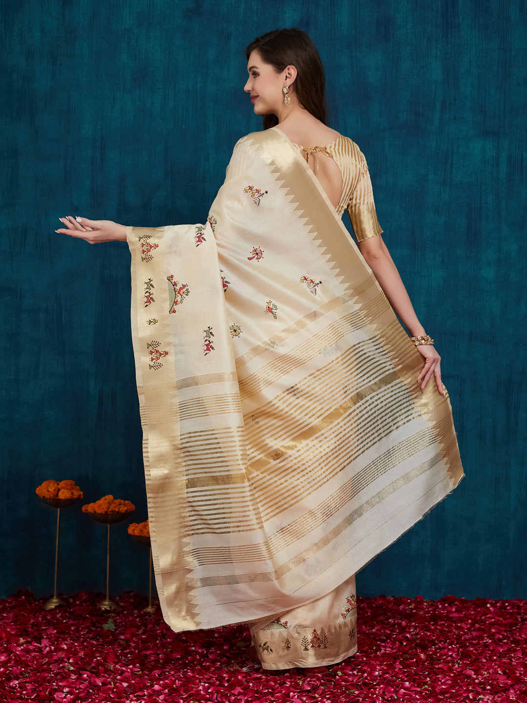 Dhiyona RV Women's Assam Cotton Silk With Golden Border And Multicolor Thread Embroidered Saree ( KVD2164 )