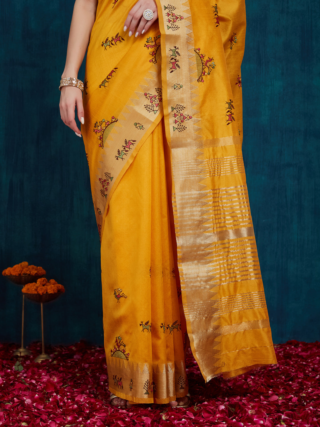 Dhiyona RV Women's Assam Cotton Silk With Golden Border And Multicolor Thread Embroidered Saree ( KVD2165 )