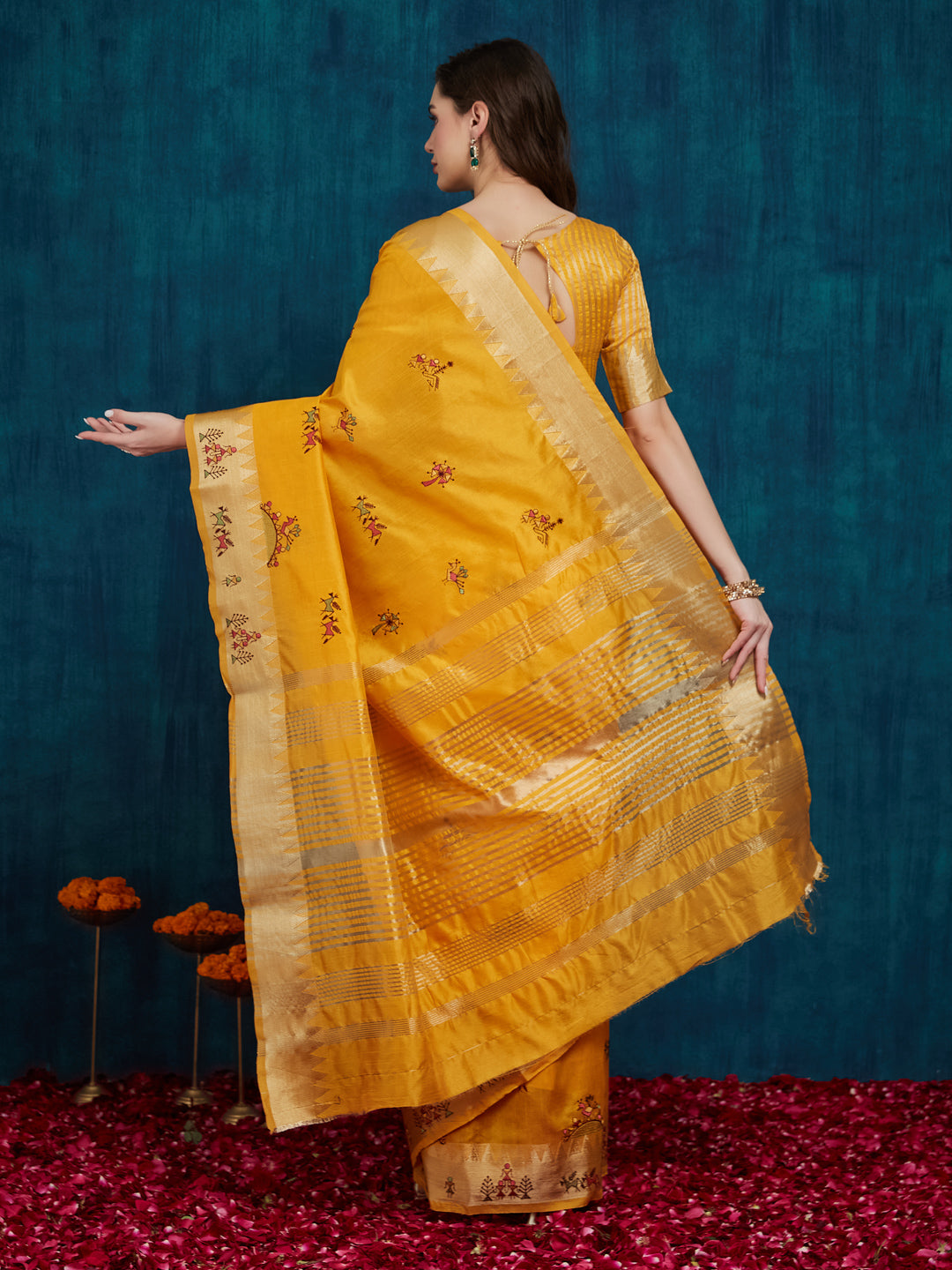 Dhiyona RV Women's Assam Cotton Silk With Golden Border And Multicolor Thread Embroidered Saree ( KVD2165 )