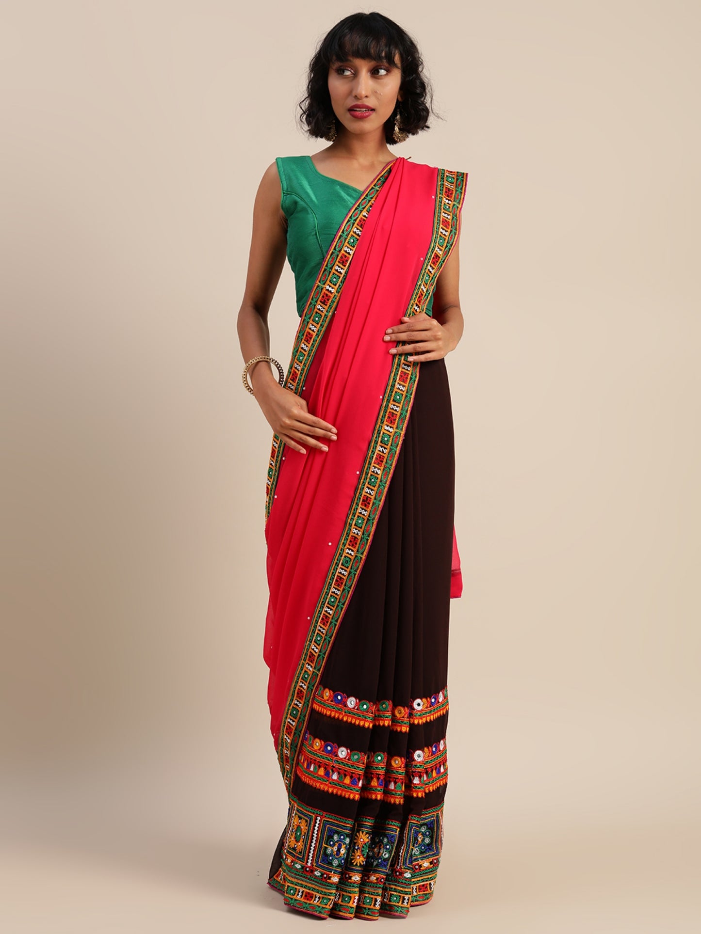 Dhiyona RV Women's Designer Half & Half Georgette Embroidery Work Saree With Blouse ( KVD3 )
