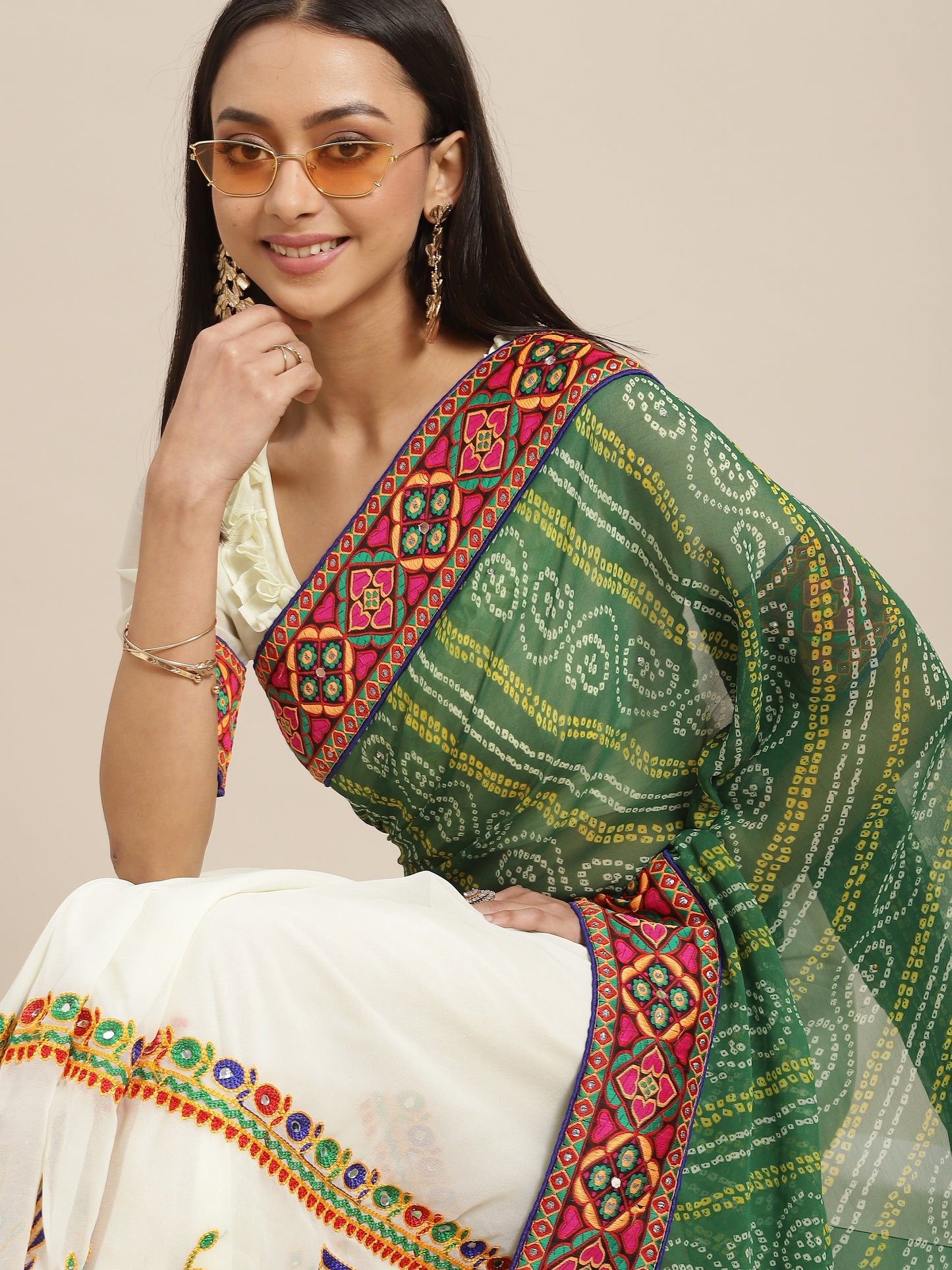 Dhiyona RV Women's Designer Peacock Pattern Embroidery Georgette Saree with Blouse ( KVD7 )