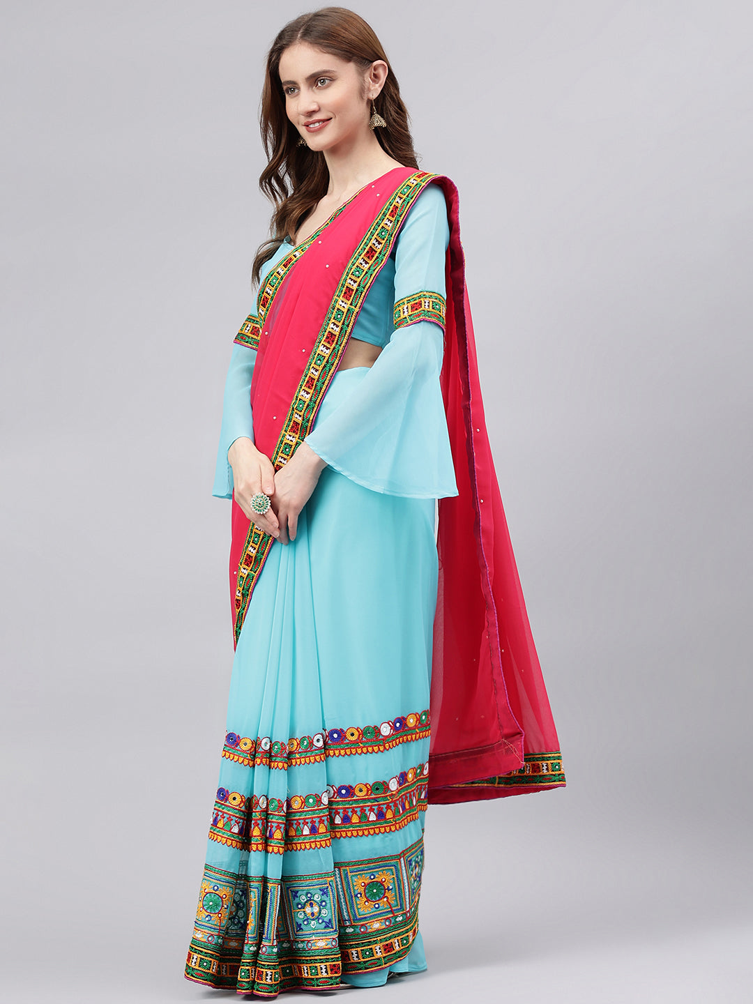 Dhiyona RV Women's Georgette With heavy Kutchi Embroidered Work Saree ( KVD712 )