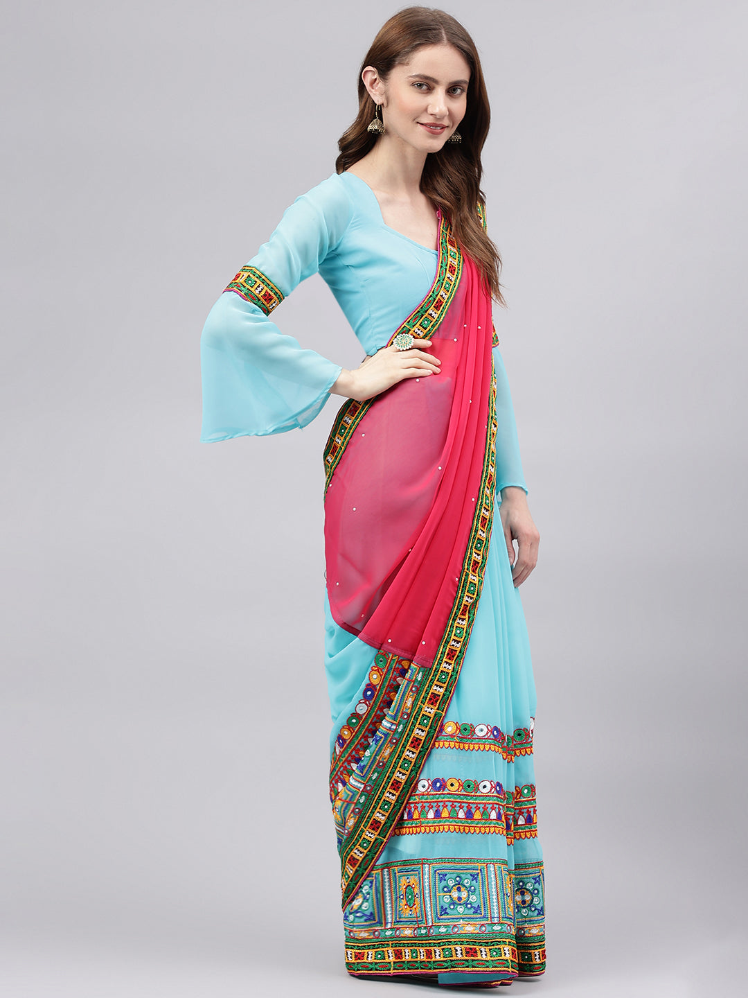 Dhiyona RV Women's Georgette With heavy Kutchi Embroidered Work Saree ( KVD712 )