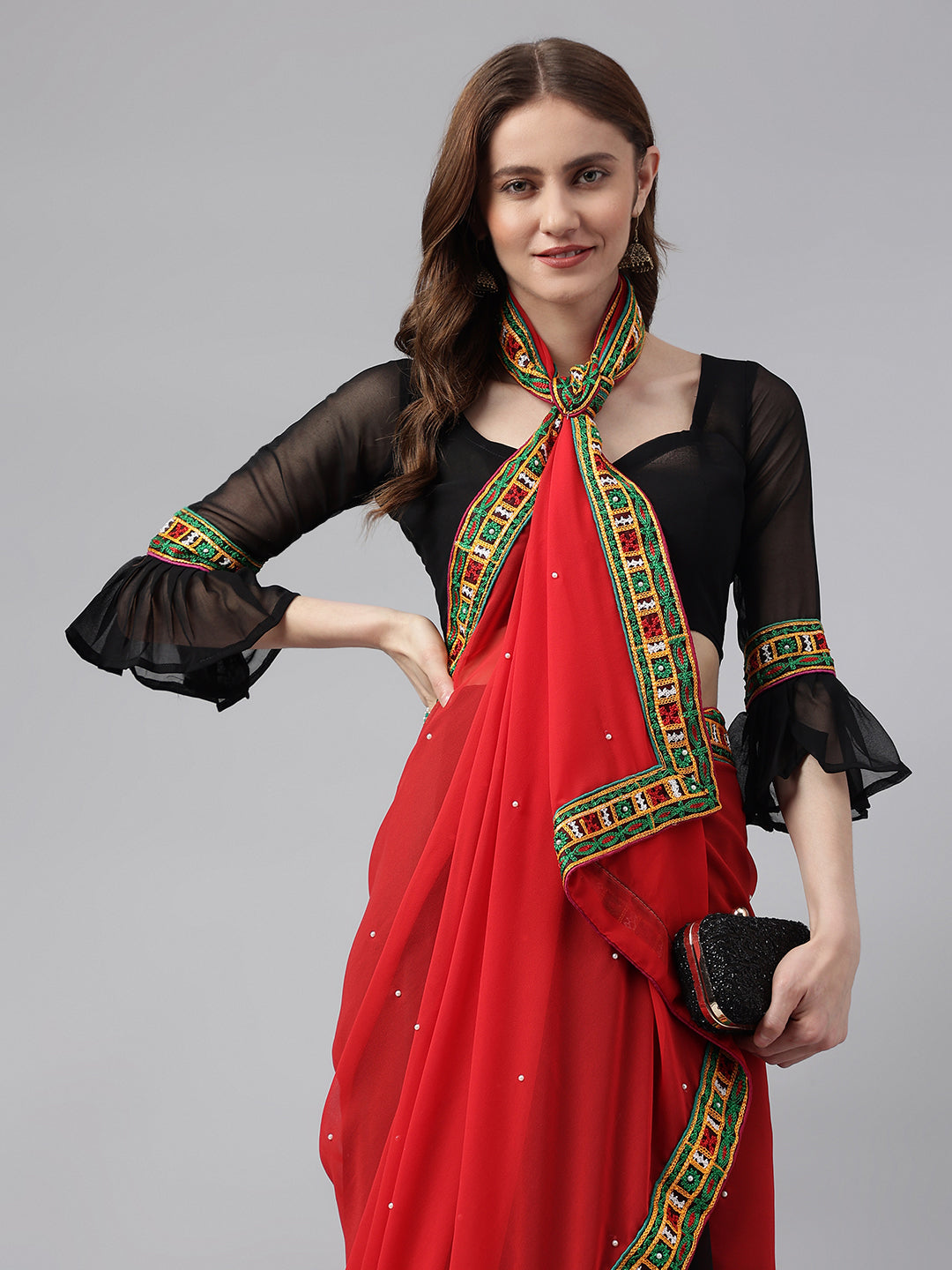 Dhiyona RV Women's Georgette With heavy Kutchi Embroidered Work Saree ( KVD715 )