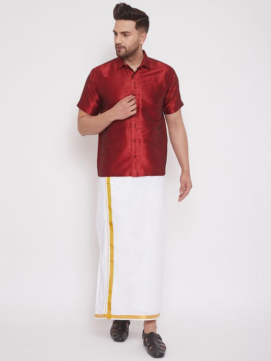 Men's Maroon Silk Blend Straight Shirt And Mundu