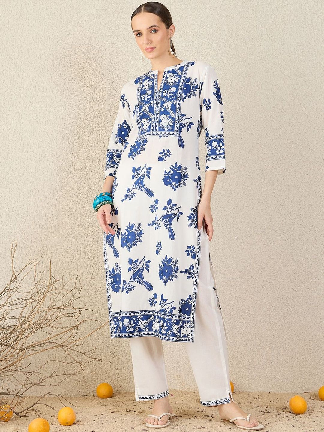 Women Floral Printed Cotton Kurta with Trousers & Dupatta