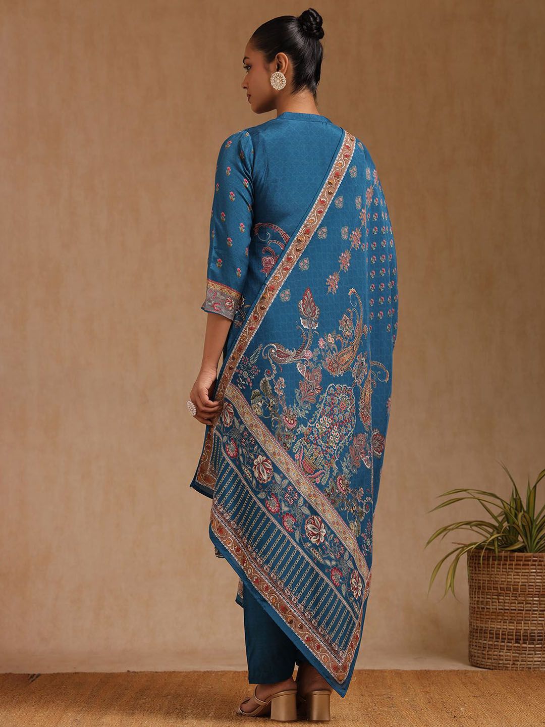 Dhiyona SO Women's Floral Printed Beads and Stones Straight Kurta with Trouser & Dupatta