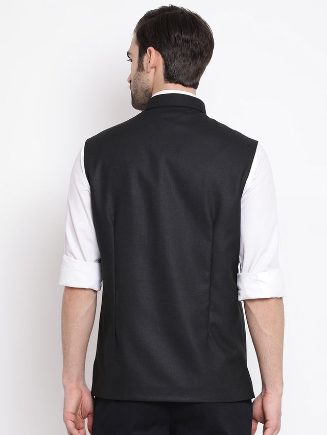 Men's Black Cotton Silk Straight Nehru Jacket