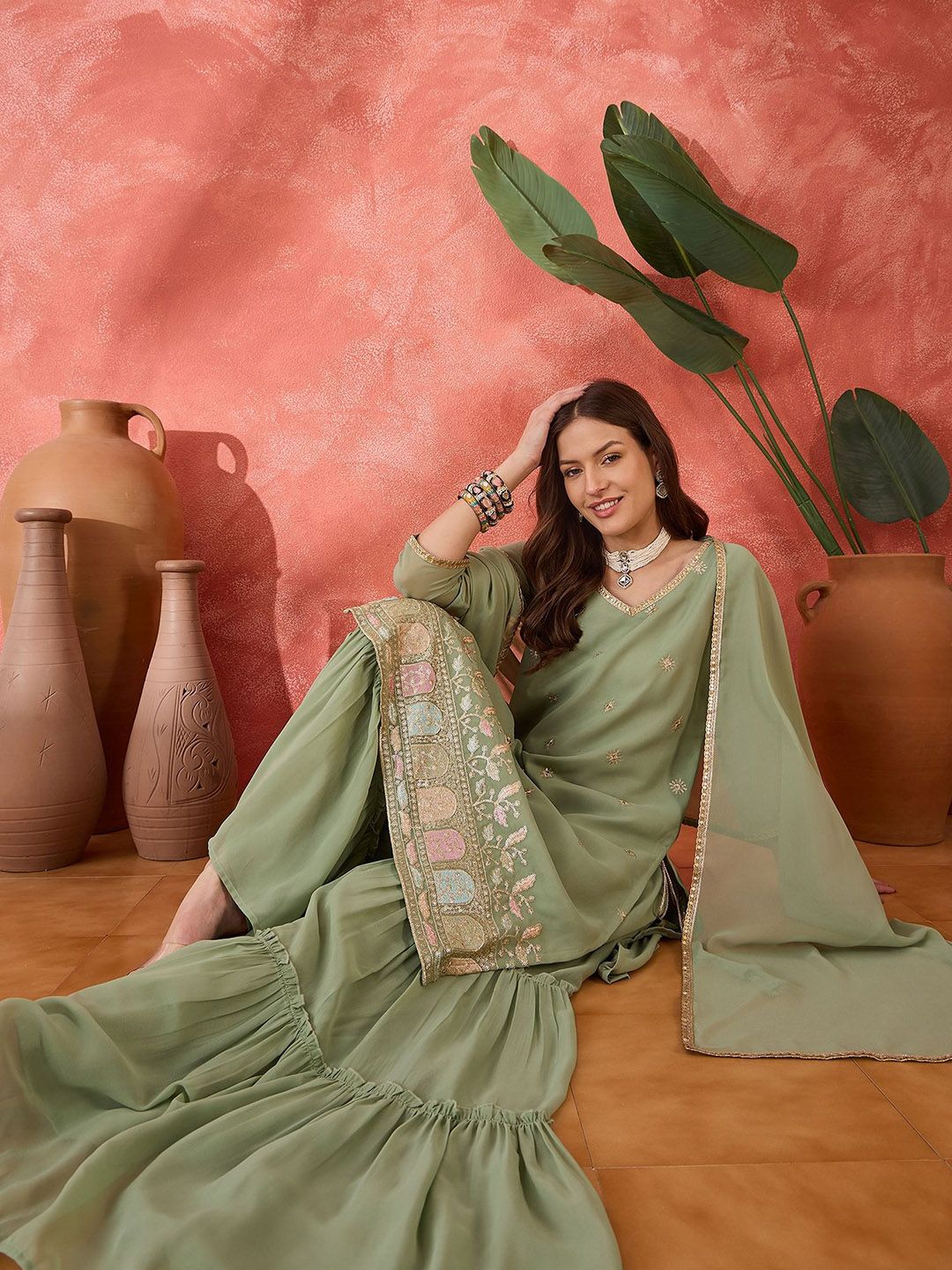Dhiyona SN Women's Ethnic Motifs Embroidered V-Neck Kurta & Sharara With Dupatta