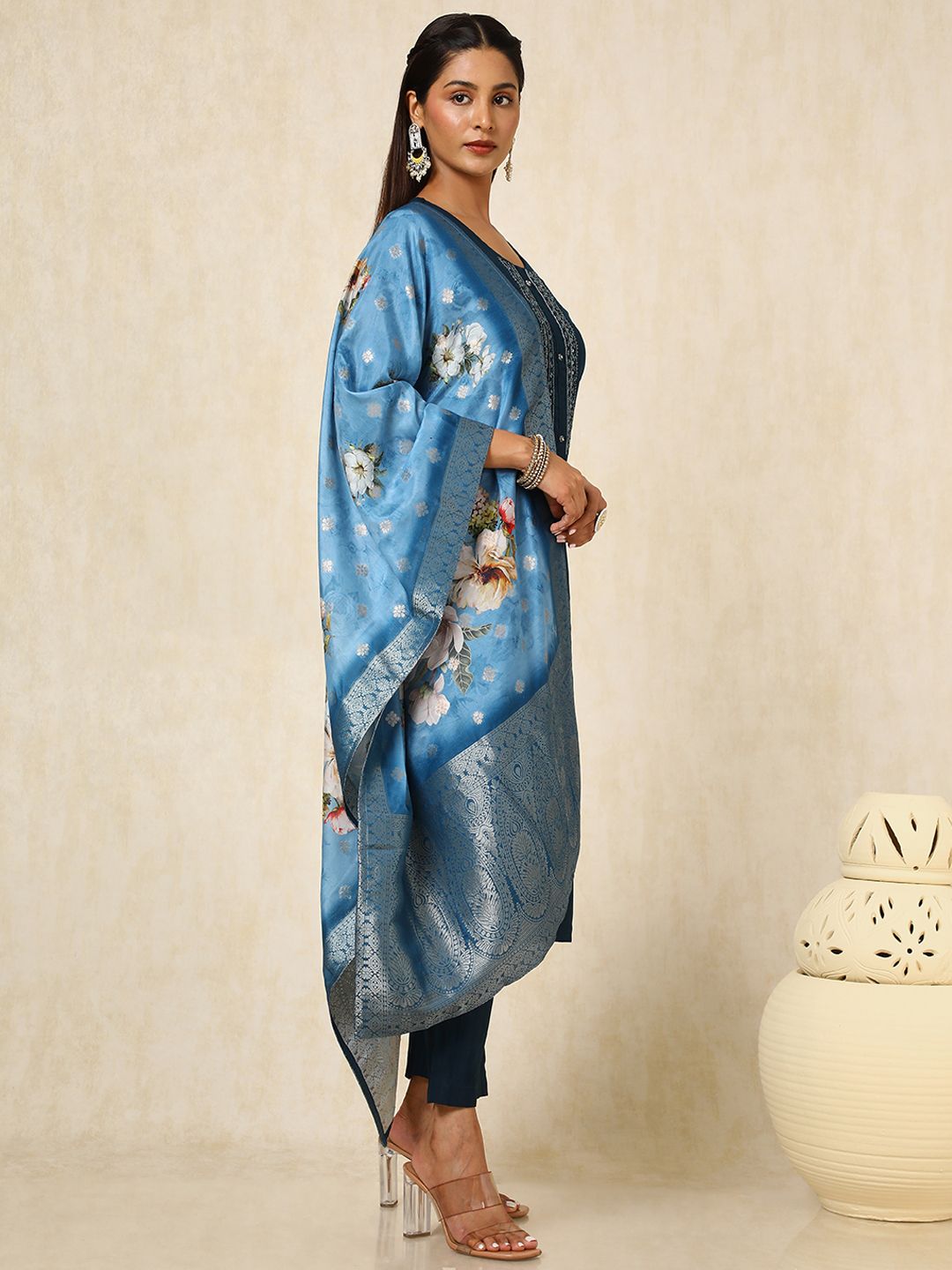 Dhiyona SO Women's Women Floral Embroidered Regular Beads and Stones Kurta with Trousers & With Dupatta