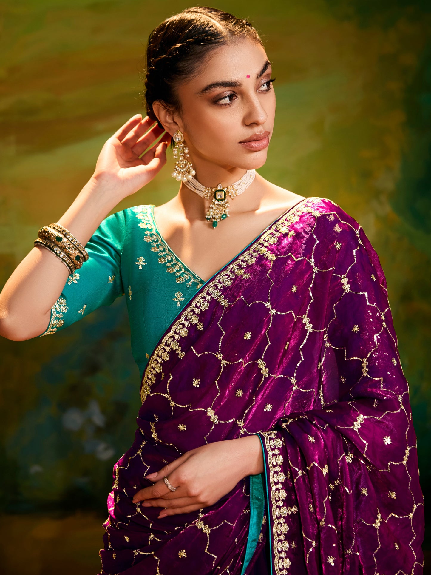 Dhiyona KM Women Maroon Designer Silk Saree With Sequin Work & Teal Blouse