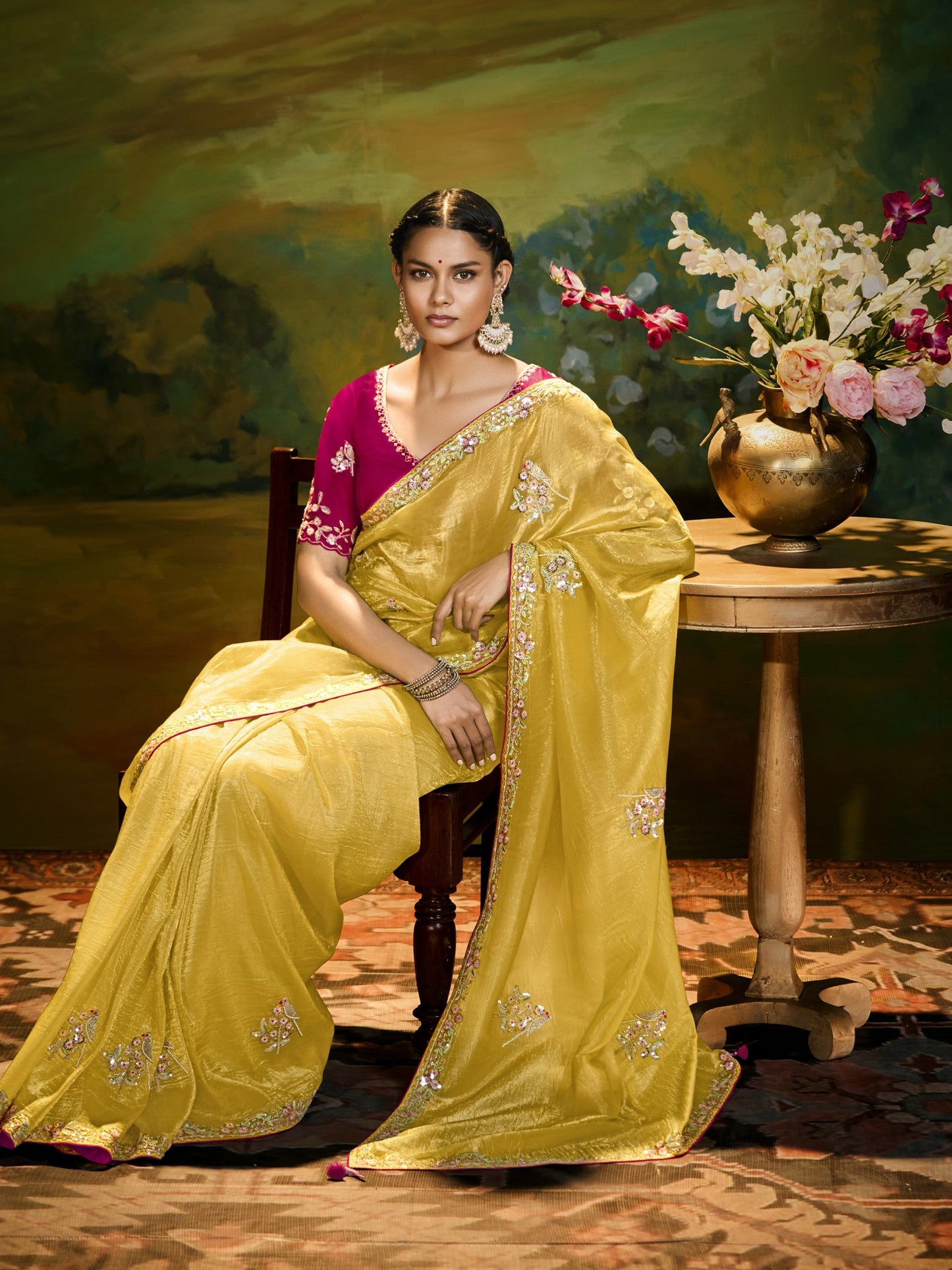 Dhiyona KM Women Sunshine Elegance: Yellow Silk Saree With Red Blouse & Colorful Embroidery