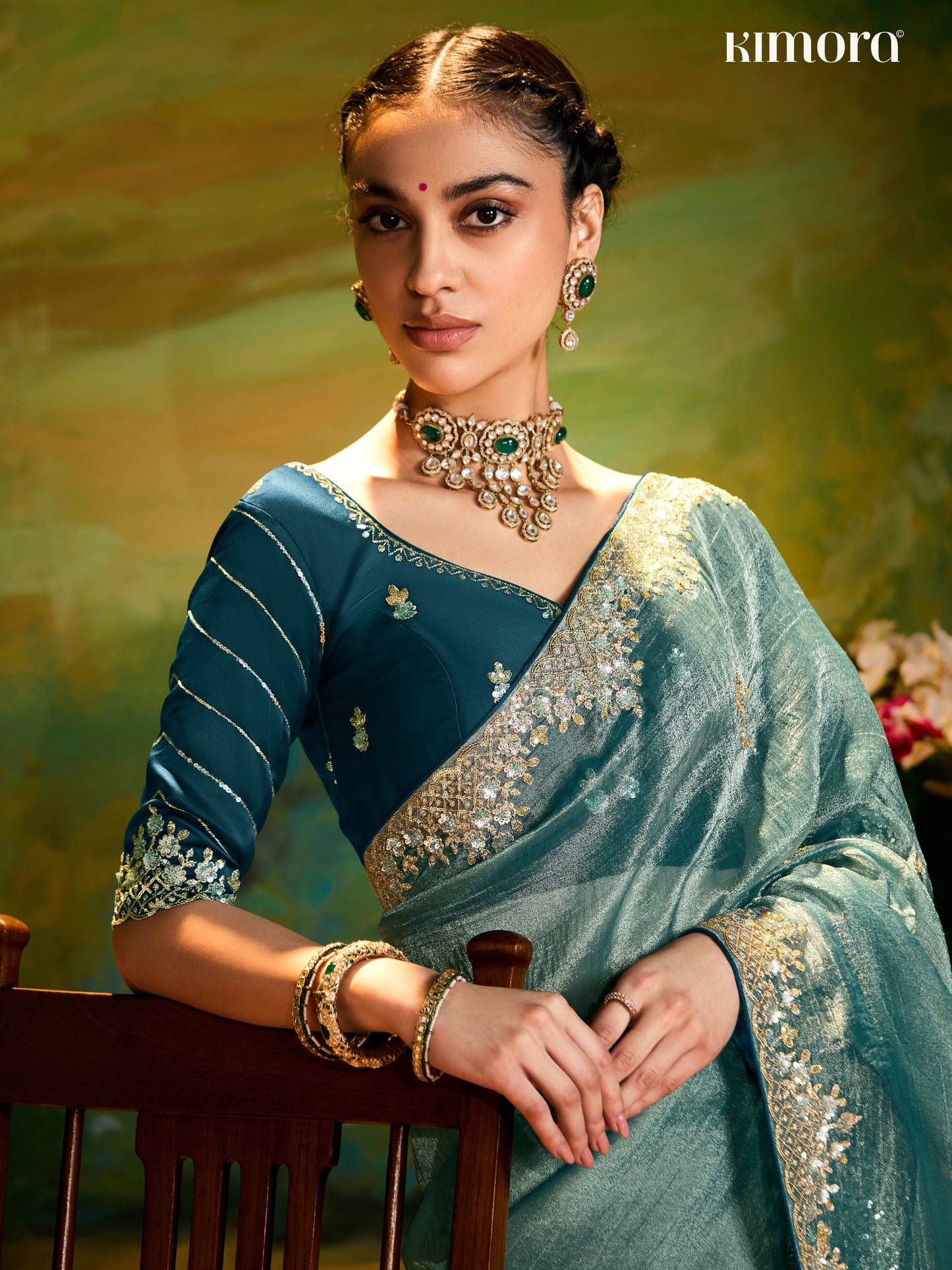Dhiyona KM Women Dark Green Fancy Embroidery Saree With Handwork