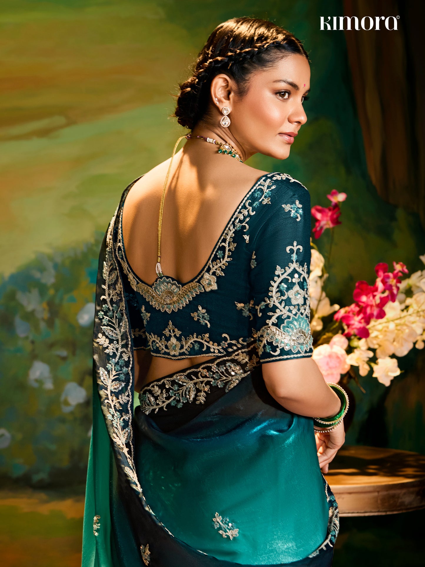 Dhiyona KM Women Peacock Grace: Dual Tone Saree With Zari & Sequin Embroidery