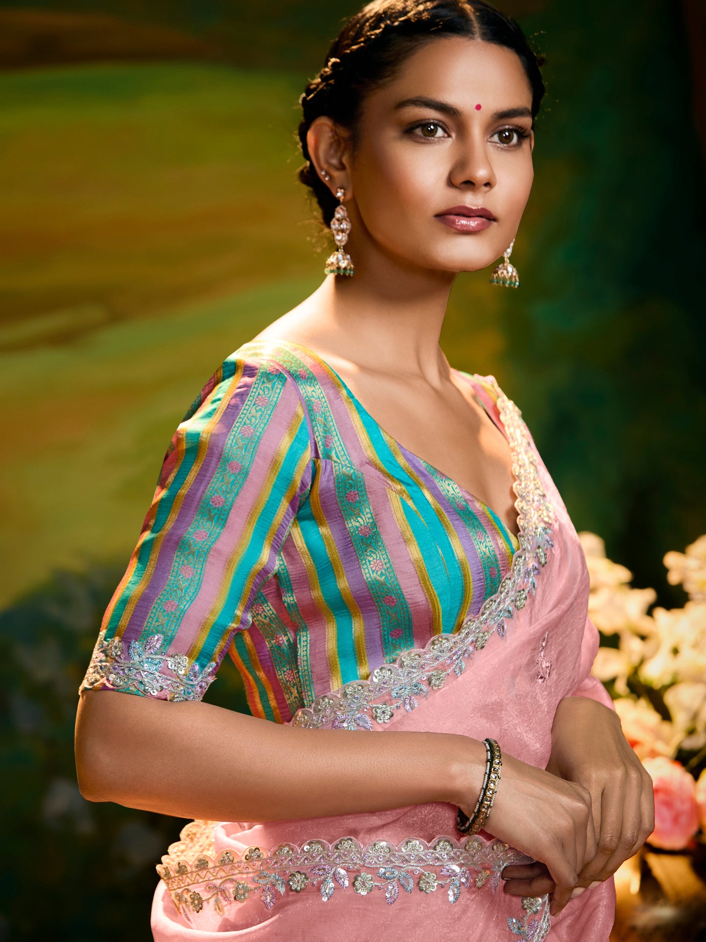 Dhiyona KM Women Embroidery Designer Peach Fancy Wedding Saree With Multi-Color Silk Blouse