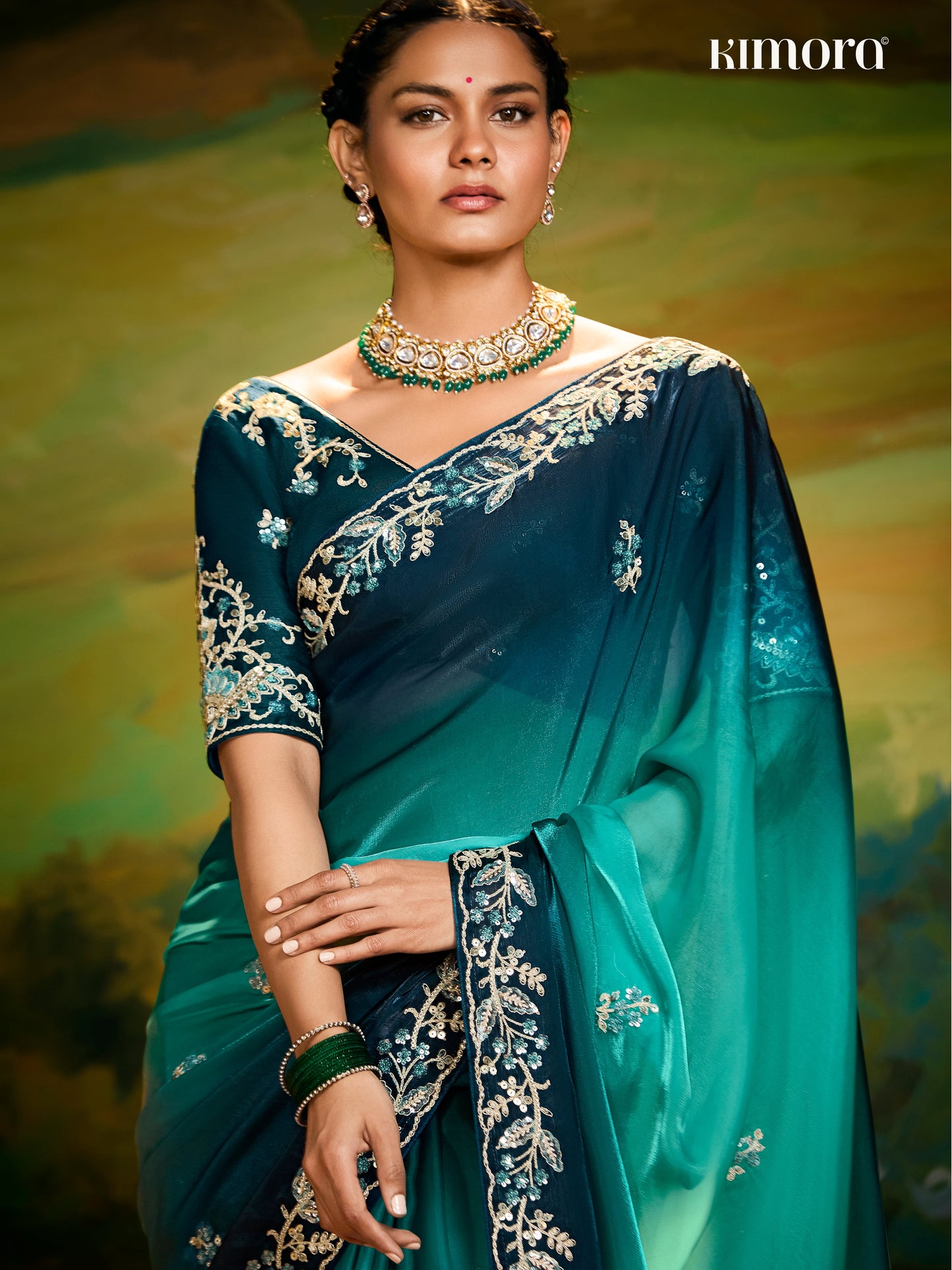 Dhiyona KM Women Peacock Grace: Dual Tone Saree With Zari & Sequin Embroidery