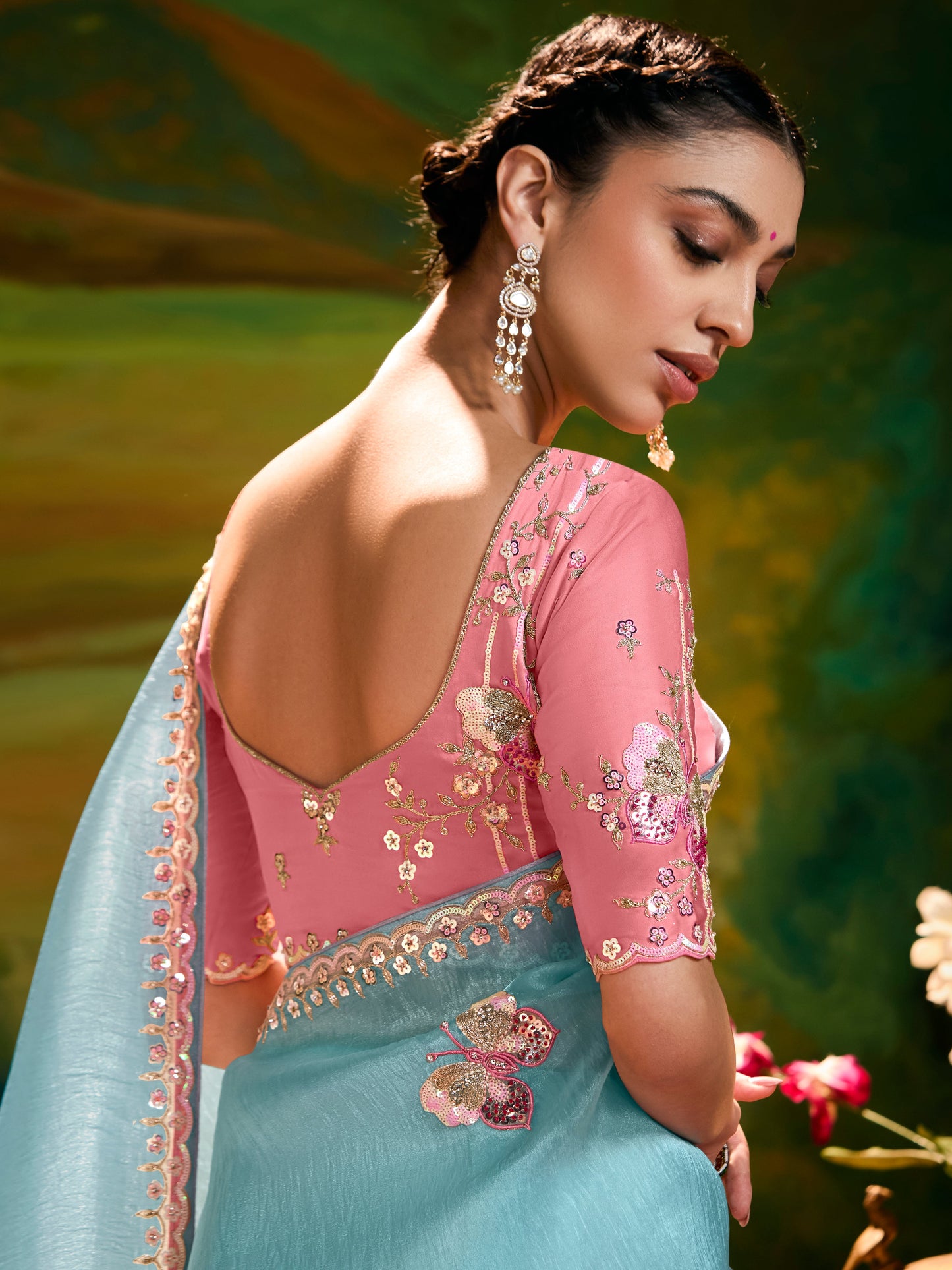 Dhiyona KM Women Aqua Blue Saree With Red Blouse