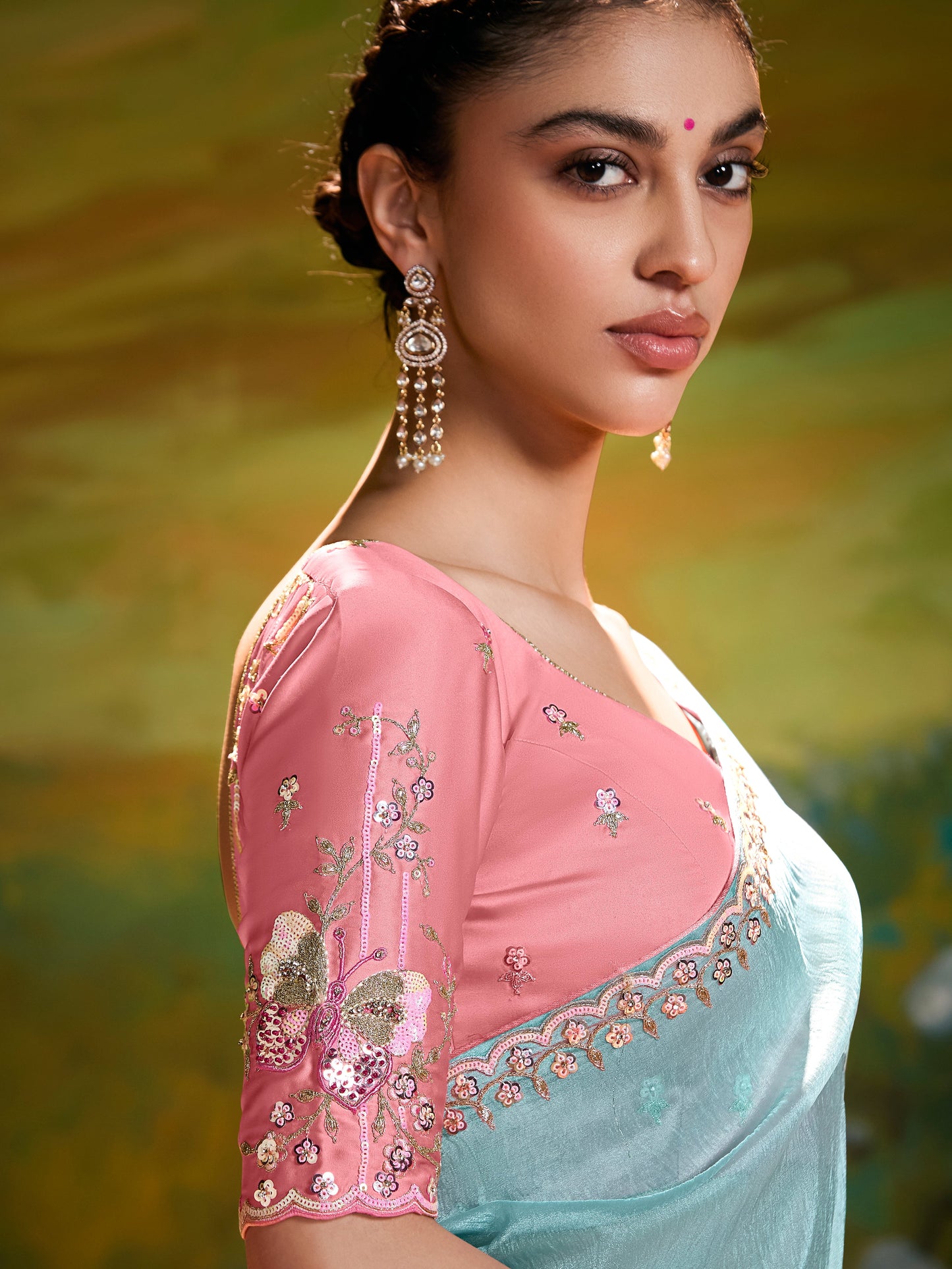 Dhiyona KM Women Aqua Blue Saree With Red Blouse