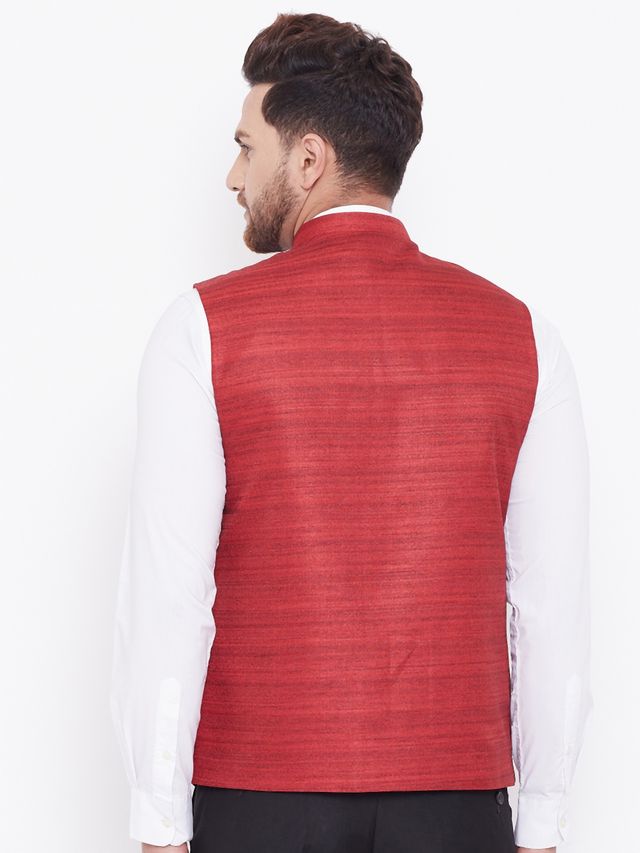 Men's Maroon Silk Blend Straight Nehru Jacket