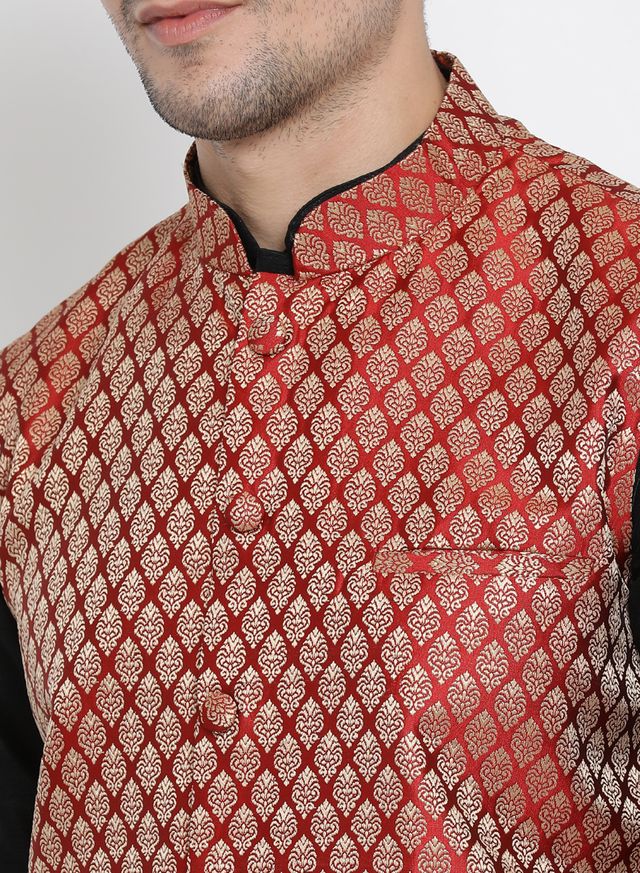 Men's Black Silk Blend Straight Jacket Kurta and Pyjama Set